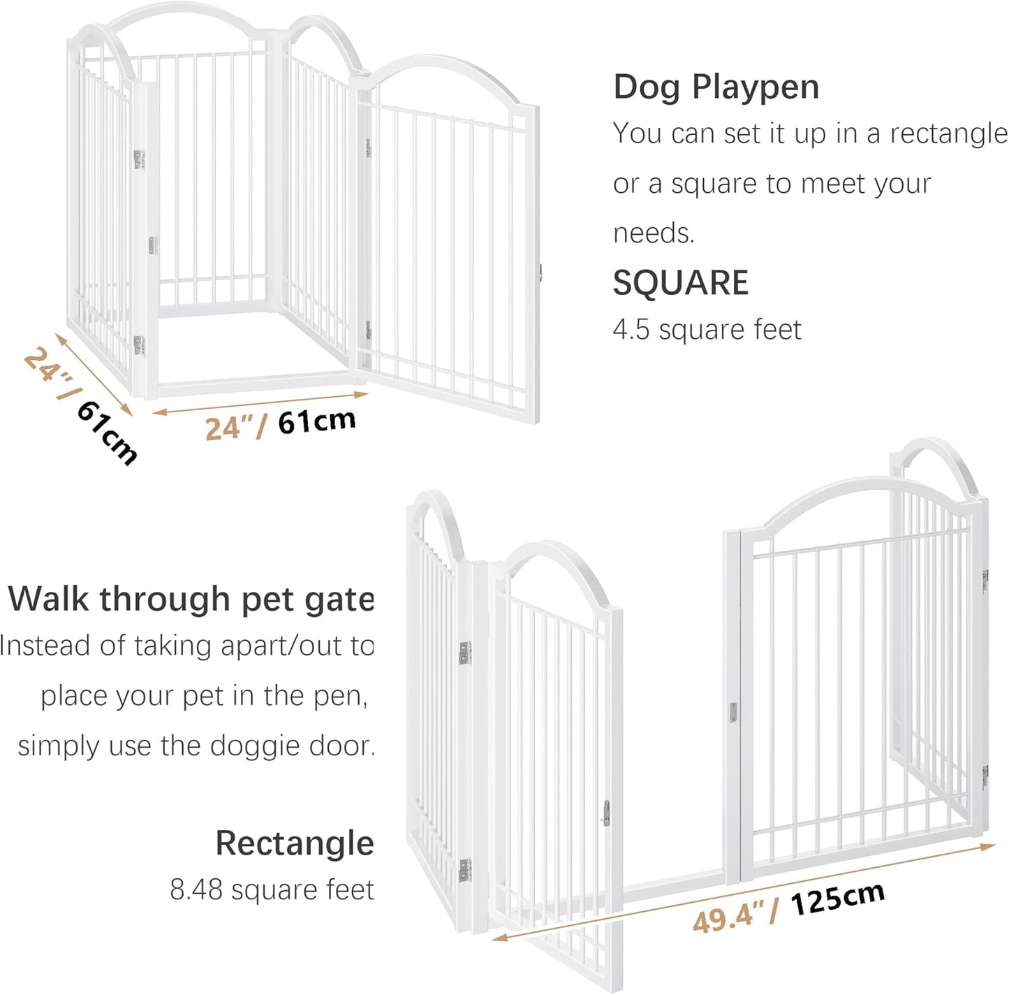 BHG Metal No-Assembly Freestanding Dog Gate with Door Walk Through, Extra Wide 96", Extra Tall 32" Pet Gate, Accordion Puppy Folding Playpen Dog Fence, with 2PCS Support (White, 4 Panels)