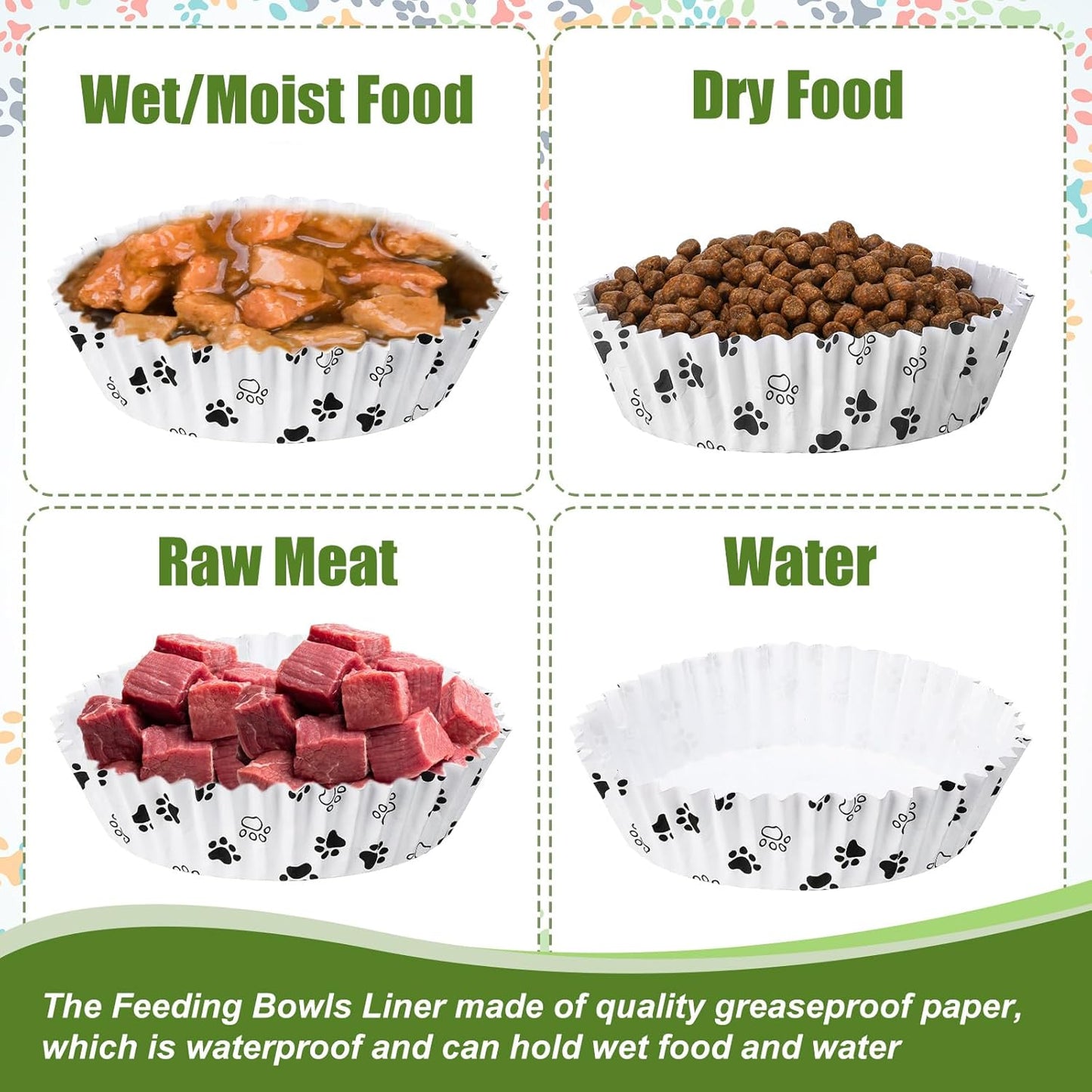 meekoo 600 Pcs Large Pet Disposable Feeding Bowls Liner Bulk Cat Food Bowls Small Paper Dish Paper Liner for Small Dogs Cats Dish Wet Food Feeding Station(White,Paw)