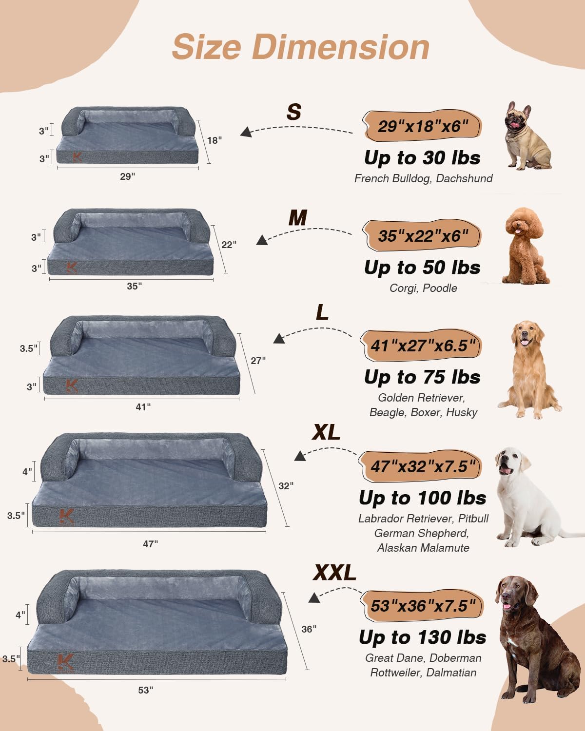KSIIA Orthopedic Dog Bed for Extra Large Dog,Washable Pet Sofa with U-Shaped Bolster Removable Waterproof Cover Non-Slip Bottom and Egg-Crate Orthopedic Foam Pet Couch Bed, 53 x 36 Inch, Dark Gray
