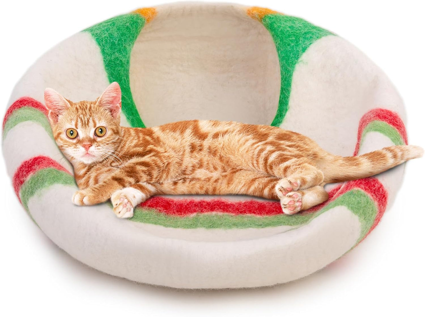 Woolygon Premium Felt Cat Cave Bed β Wool Kitty Beds Handcrafted Kitten Caves Bed for Indoor Cats - Made from 100% Eco-Friendly Merino Wool, Foldable Cat Hidewawy Covered Cat House Pod (Candy Swirl)