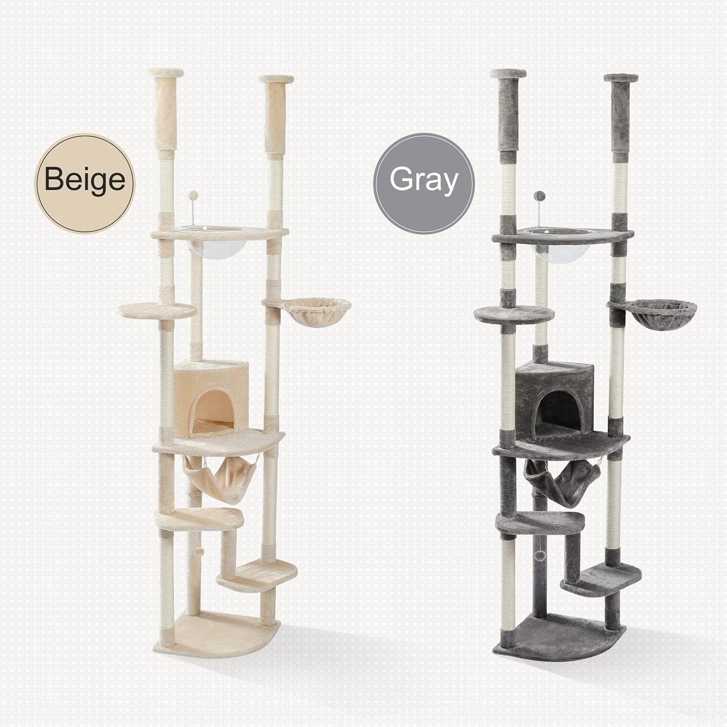 PEQULTI Floor to Ceiling Cat Tree 92.9’’-101.6’’ Height Adjustable Cat Tower Tall Kitty Climbing Play House with Scratching Posts, Cozy Condo, Perches and Large Hammock for Indoor Cats Beige