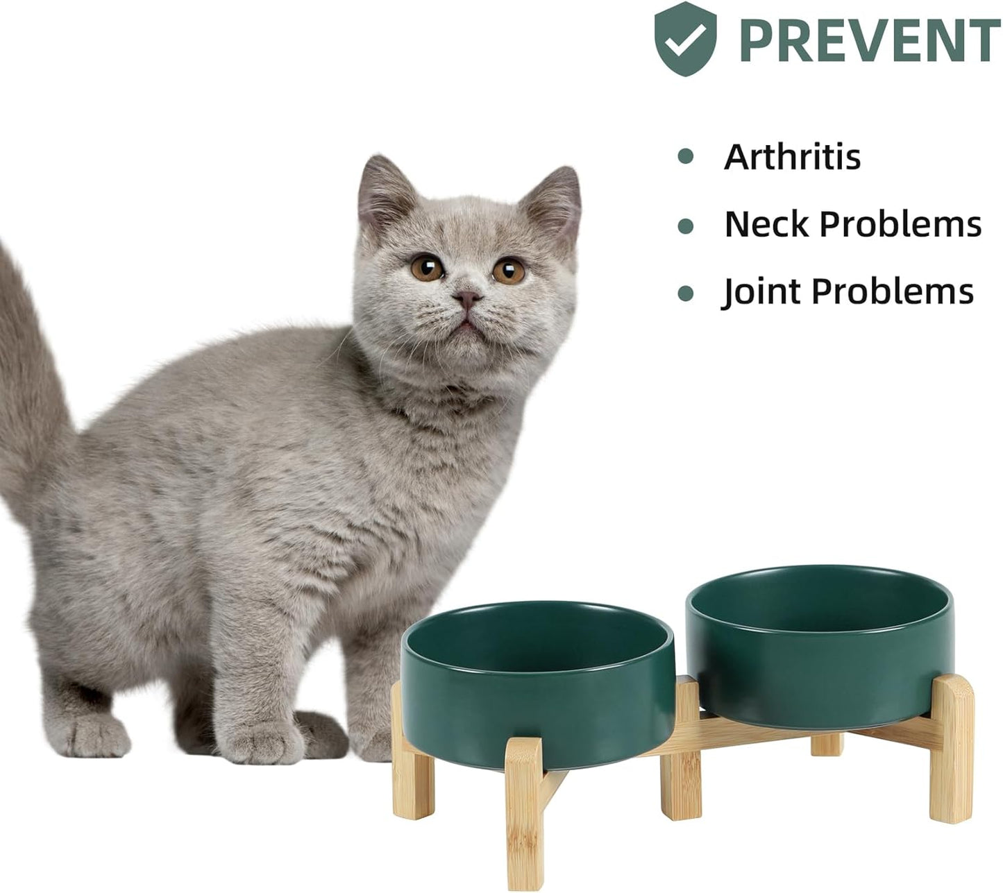 Ceramic Raised Double Bowls Set with Stand, 2 Heights Elevated, Food & Water Bowls for Small Breed Dogs, Cats, Kitty, Weighted Dog Dishes, Pet Bowls(5.1'',13.5oz, Green)