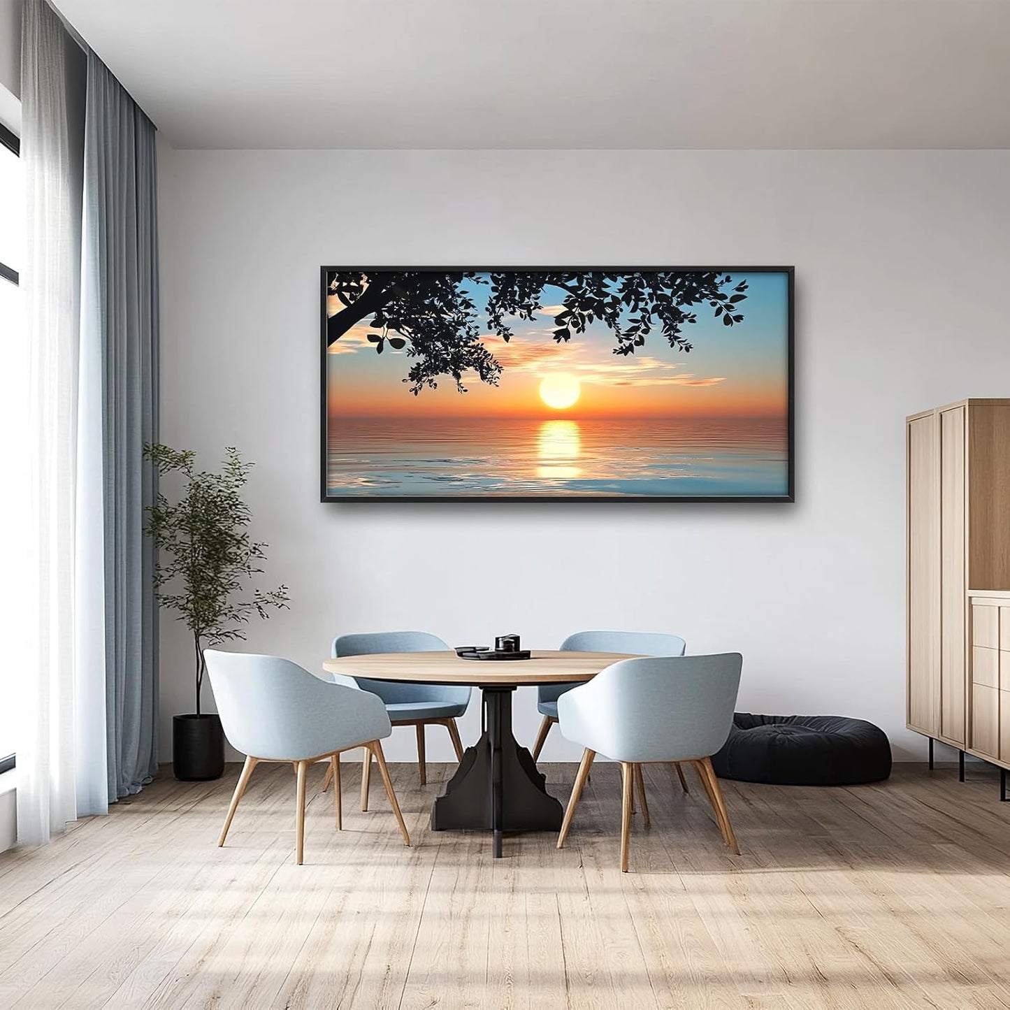 Framed Large Lake Sunset Wall Art, Oversized Natural Landscape Wall Decor for Living Room, Tree Leaves Canvas Painting Pictures Home Decoration for Living Room Bedroom Office 60"x30"