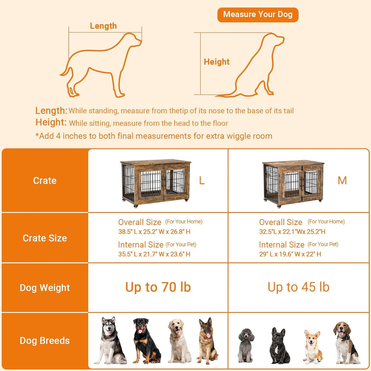 Lulive Dog Crate Furniture, Dog Kennel Indoor Double Doors Wooden Dog Cage, 38'' Heavy Duty Dog Crate with Cushion & Wheels, Decorative End Table Pet House Chew-Resistant for Large/Medium, Brown