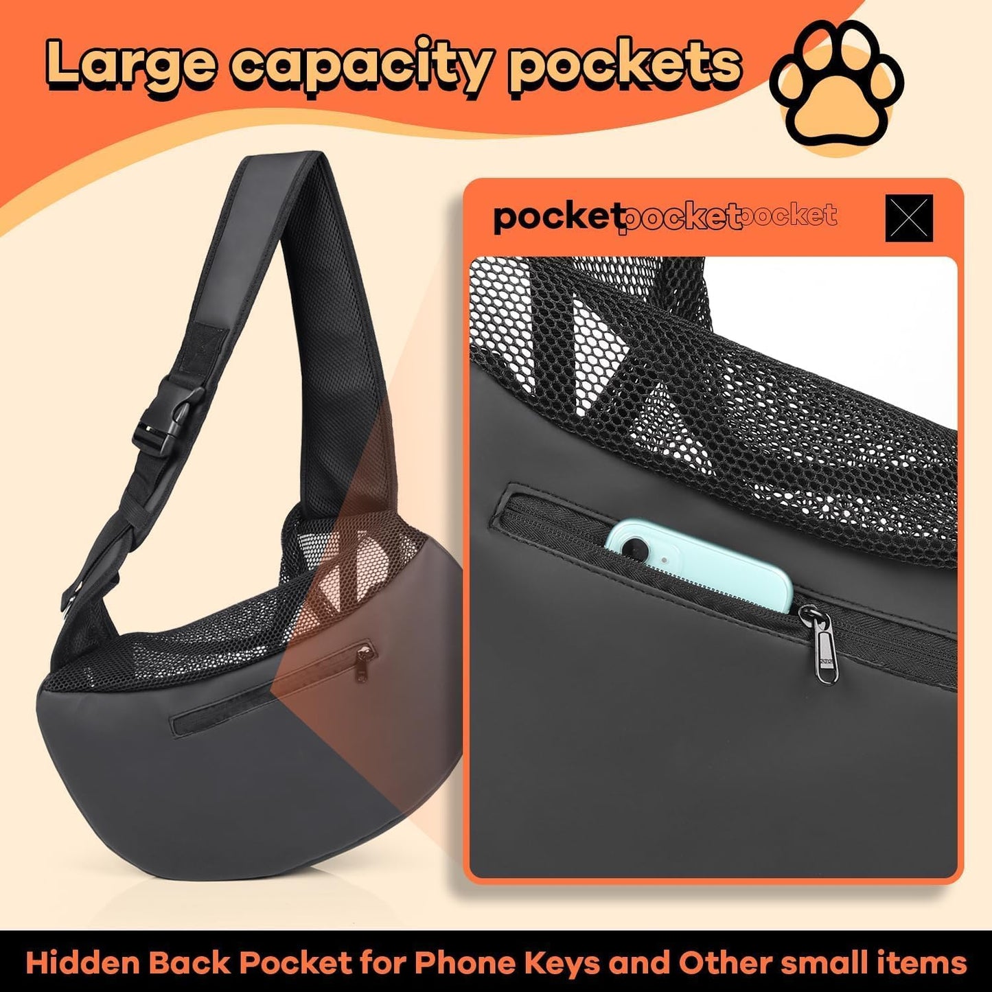 YUDODO Pet Sling Carrier for Small Dogs & Cats – Hands-Free Puppy Carrier with Safety Hook, Large Zipper Pocket, Soft Breathable Mesh, Adjustable Strap & Reflective Strip (Cyan 3.0 M)