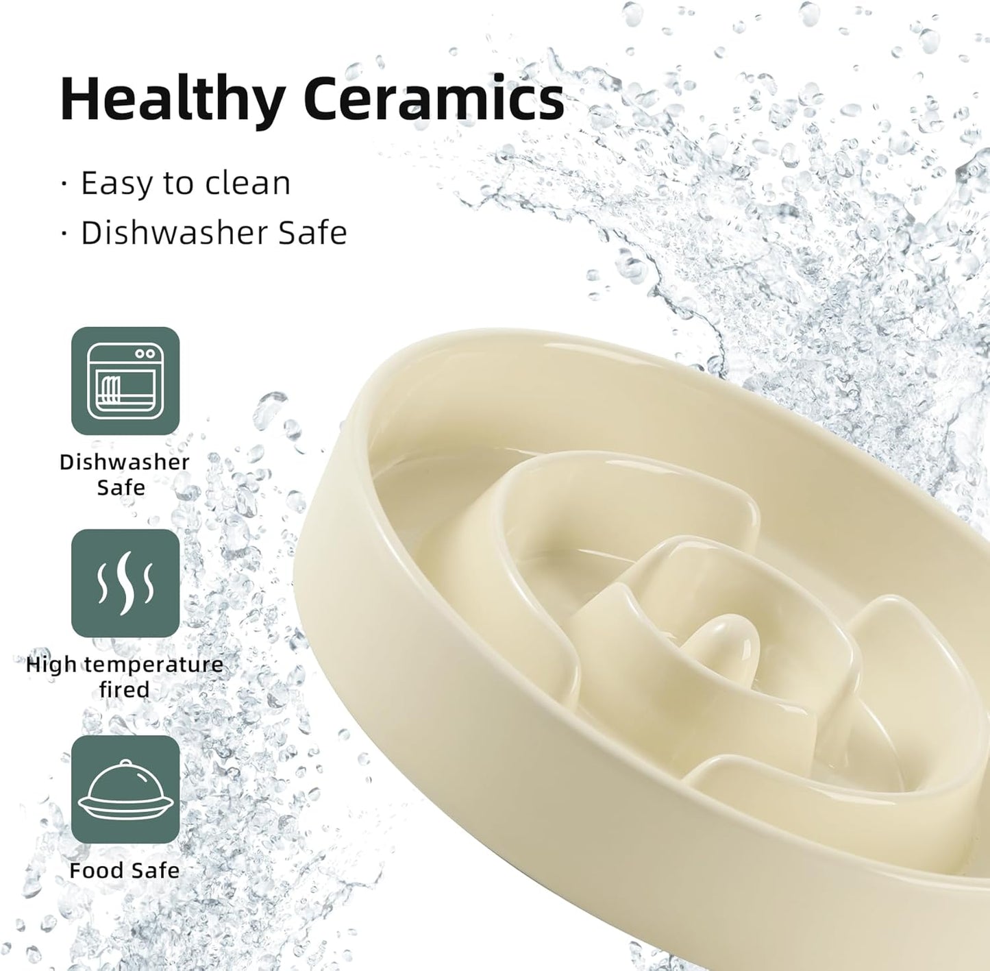 7.3inch Ceramic Slow Feeder Dog Bowl for Medium and Large Breed, Puzzle Dog Food Dish, Anti-Gulping, Pet Slow Feeder, Stop Bloat, Preventing Choking (Single Bowl-Beige)