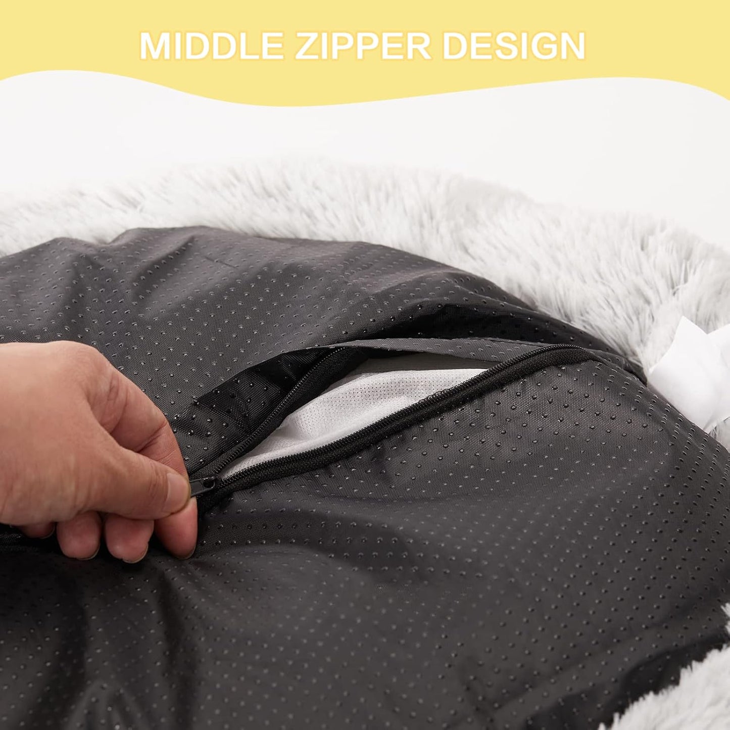 Bedfolks Calming Donut Dog Bed, 36 Inches Round Fluffy Dog Beds for Large Dogs, Anti-Anxiety Plush Dog Bed, Machine Washable Pet Bed (Light Grey, Large)