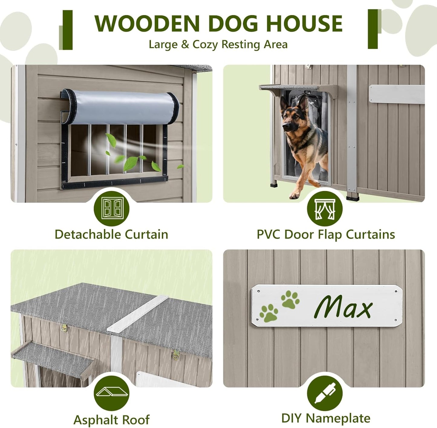 Large Dog House Outdoor XL Wooden Dog House with Weatherproof Asphalt Roof, Chew-Resistant Frame, Removable Floor, for Medium to Large Dogs Indoor Outdoor Use (Grey, 55.1"L x 33.1"W x 34.8"H)