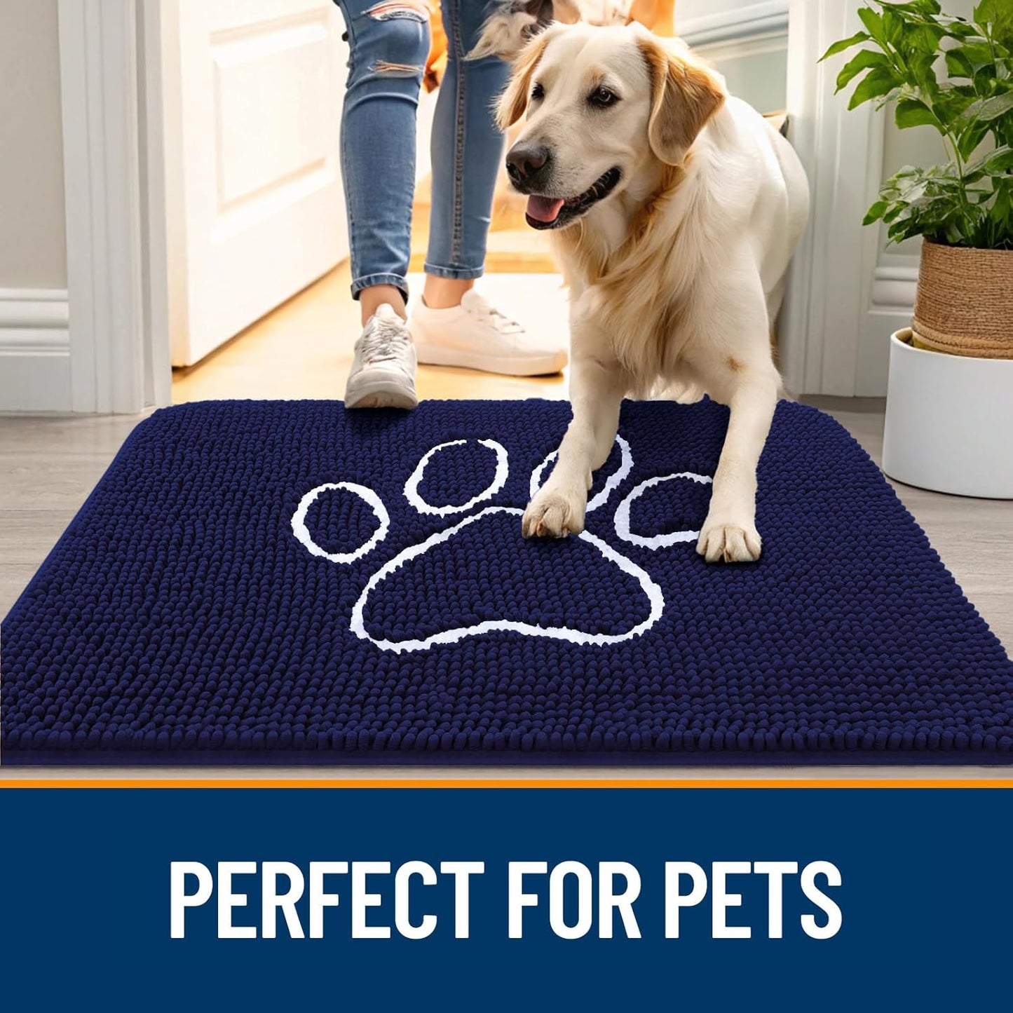 OLANLY Door Mat for Muddy Dog Paws 40x32, Ultra Absorbent Chenille Mud Doormat with Paw Print Design, Non-Slip Washable Doormat for Indoor Entryway, Quick-Dry Pet Bed Mats for Dirty Dogs, Navy Blue