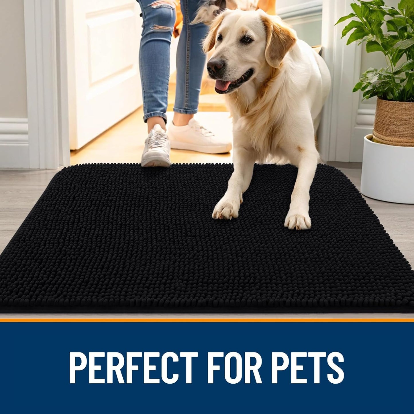 OLANLY Dog Door Mat for Muddy Paws 54x32, Absorbs Moisture and Dirt, Absorbent Non-Slip Washable Doormat, Quick Dry Chenille Mud Mat for Dogs, Entry Indoor Entryway Carpet for Inside Floor, Black