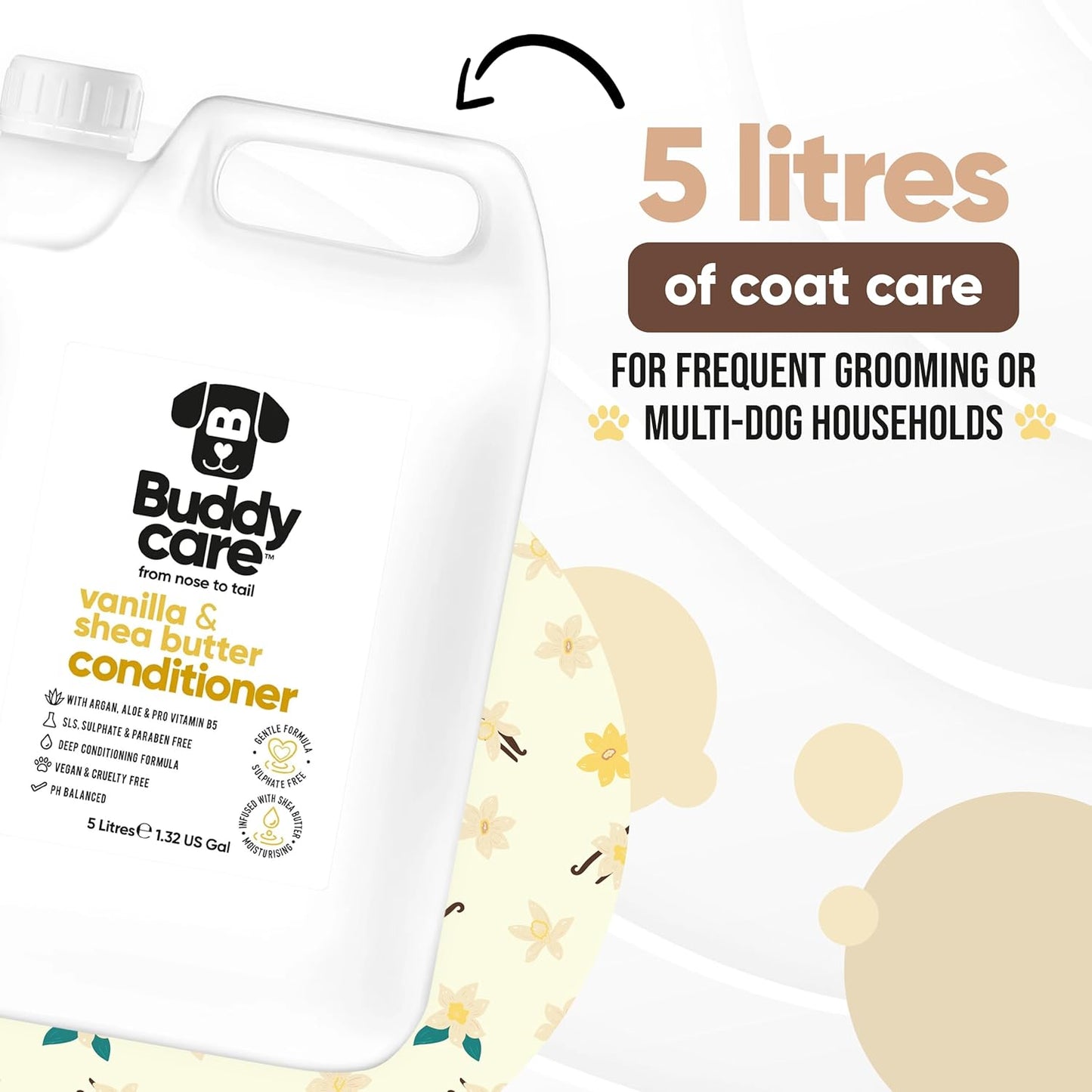 Vanilla & Shea Butter Dog Conditioner (169.07oz) Aloe Vera, Argan Oil & Pro Vitamin B5 to Detangle Matted Coats & Relieve Sensitive & Itchy Skin, Suitable for Puppies from 8 Weeks, Vegan