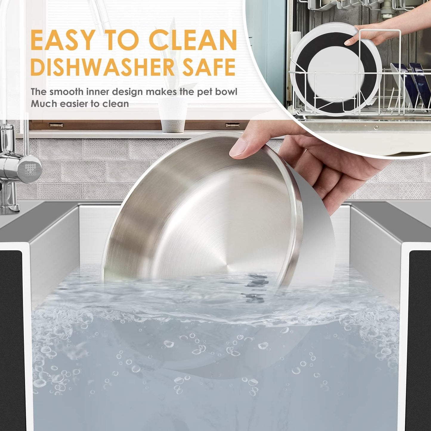 IKITCHEN Dog Bowl for Food and Water, 64 Oz Stainless Steel Pet Feeding Bowl, Durable Non-Skid Double Wall Insulated Heavy Duty with Rubber Bottom for Medium Large Dogs (64 Ounces/8 Cup, White)