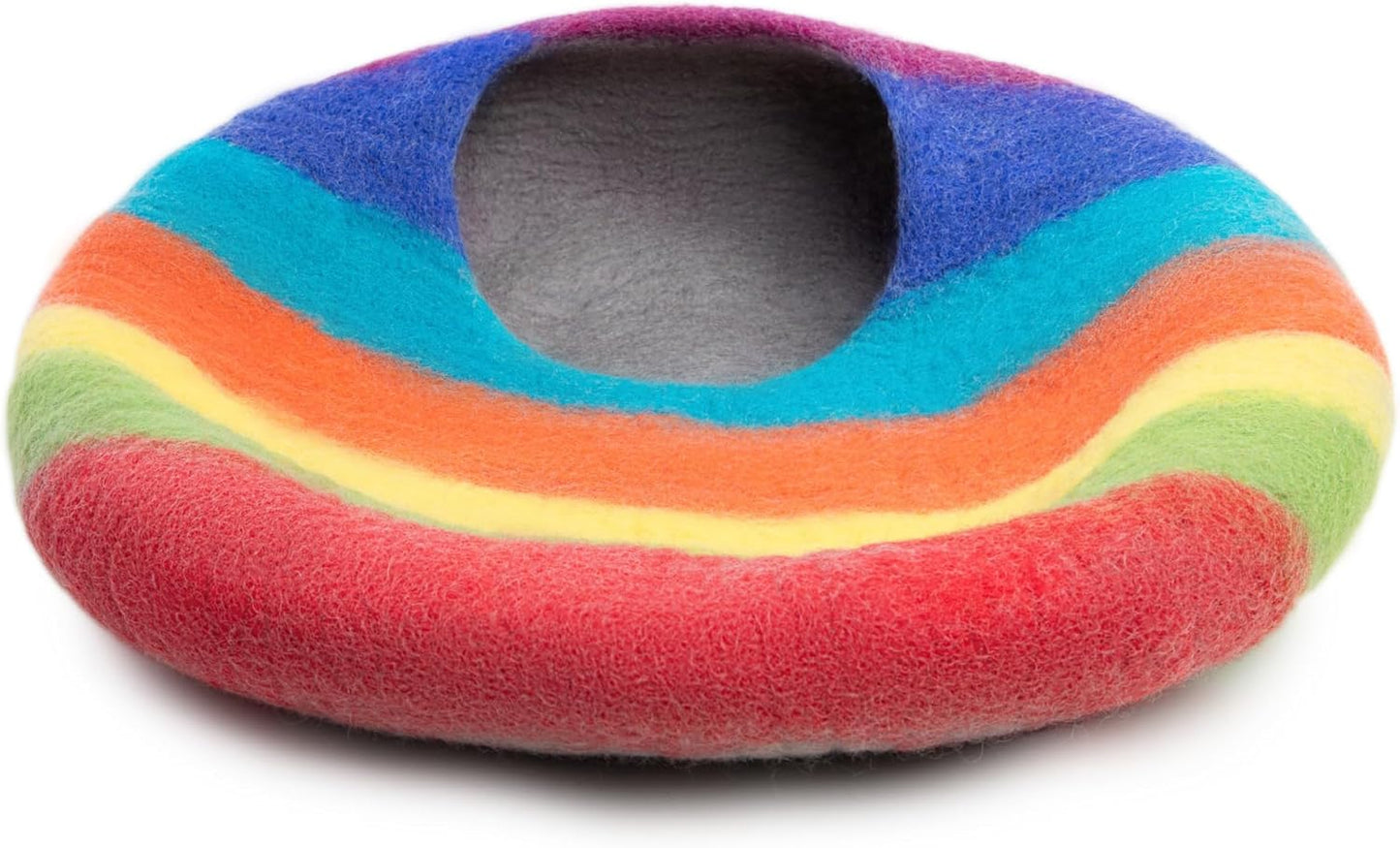 Woolygon Premium Felt Cat Cave Bed β Wool Kitty Beds Handcrafted Kitten Caves Bed for Indoor Cats - Made from 100% Eco-Friendly Merino Wool, Foldable Cat Hidewawy Covered Cat House Pod (Rainbow Twist)