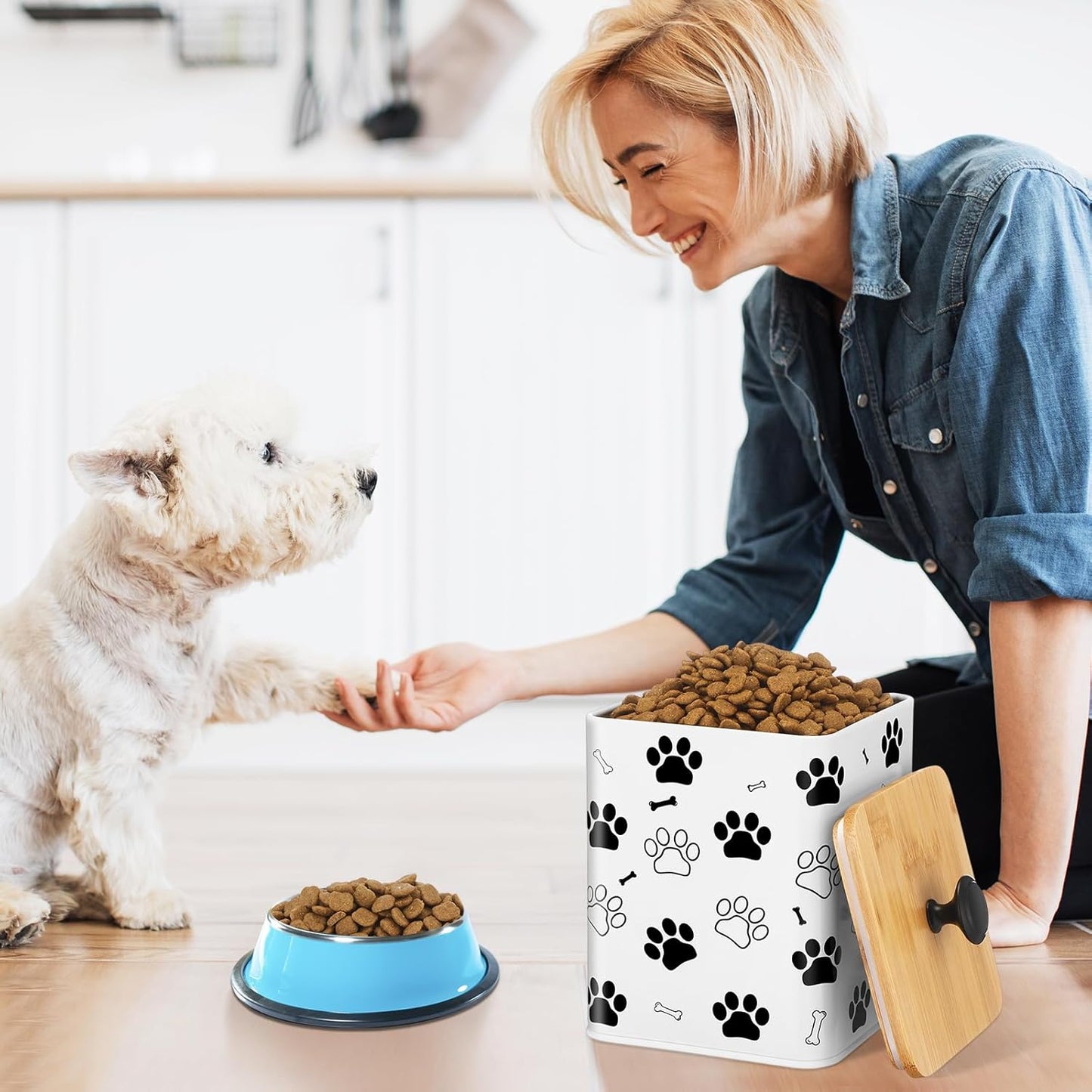 3 Pack Airtight Dog Food Containers with Bamboo Lids, Metal Dog Treat Jars Canisters for Kibble, Biscuits, Snacks, Cookies, Pet Food Storage Set for Kitchen Counter(White)