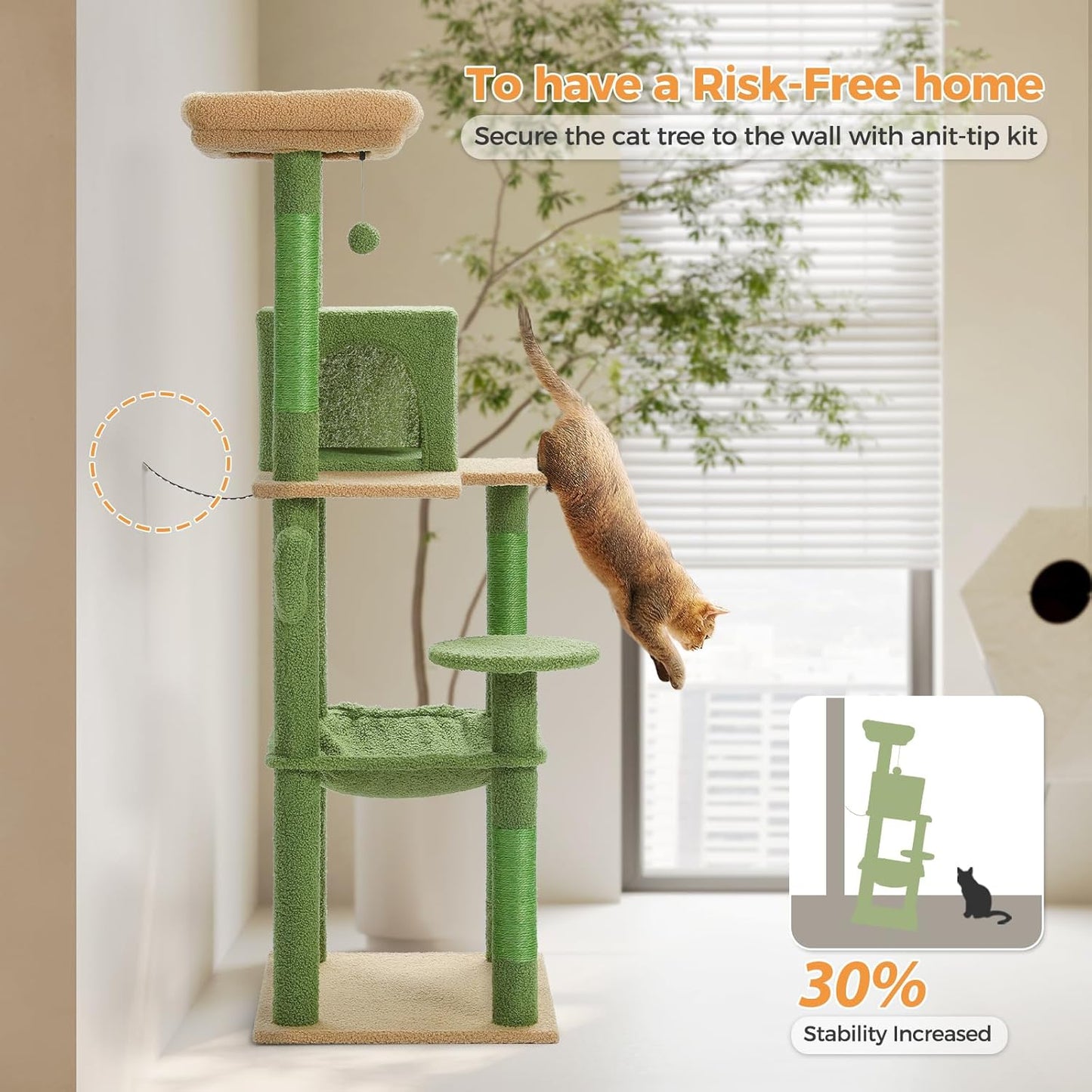 PETEPELA 56.3'' Tall Cat Tree for Indoor Cats, Cactus Cat Tower with Super Large Hammock (20''X16''), Sisal Covered Scratching Posts, Cozy Condo and Top Perch Green