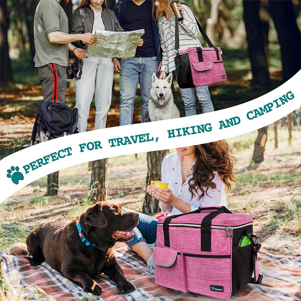 PetAmi Dog Travel Bag - Travel Pet Organizer with Food Container and Bowls, Perfect for Weekend Camping, Cat Diaper Bag (Pink, Large)