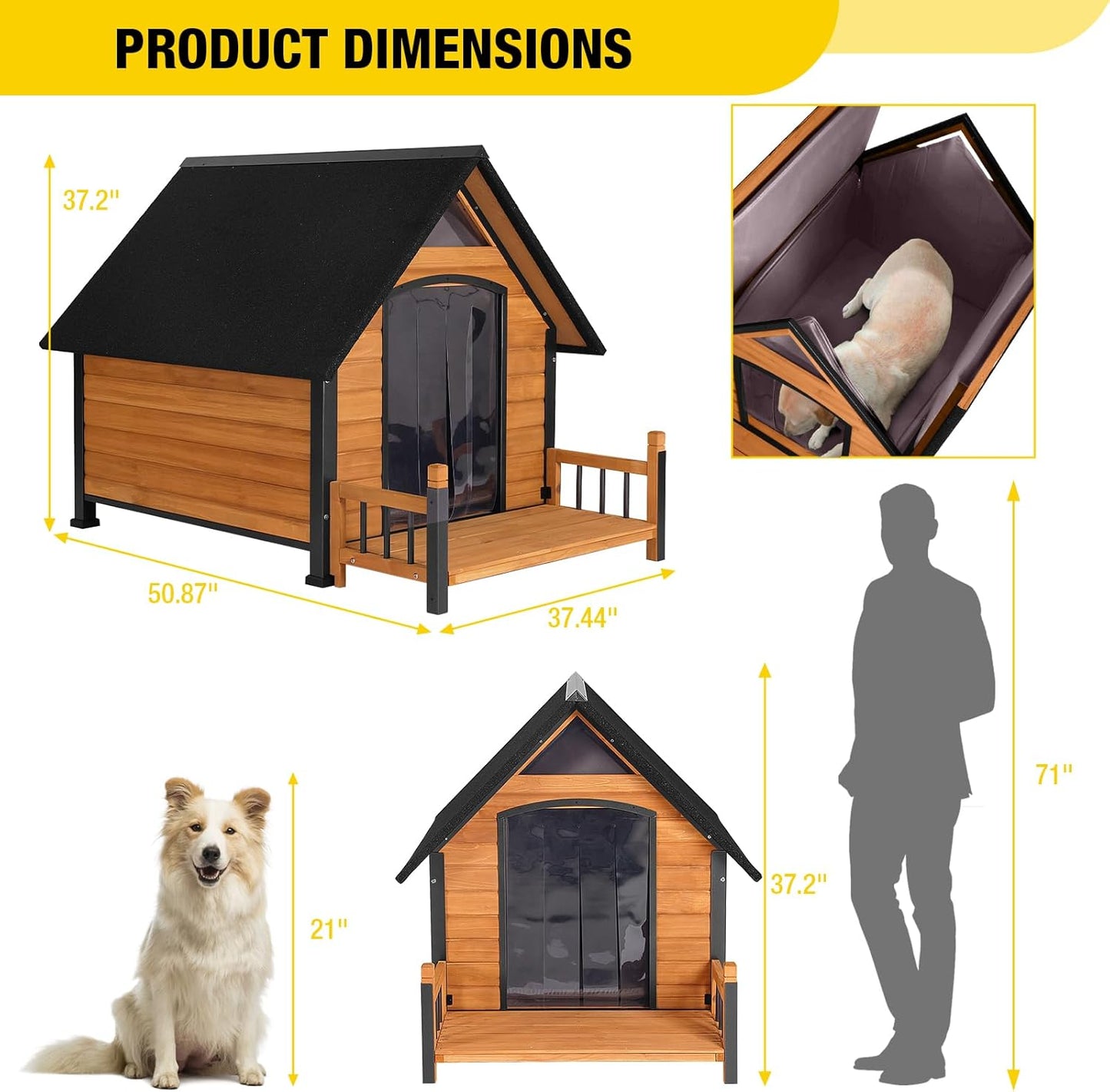 Outdoor Heated Dog House with All-Around Insulated Liner Weatherproof Puppy Shelter Indoor Dog Kennel, Anti-Bite Dog Home for Large Breed with Porch (Brown-2, 50.8" D x 37.4" W x 37.2" H)