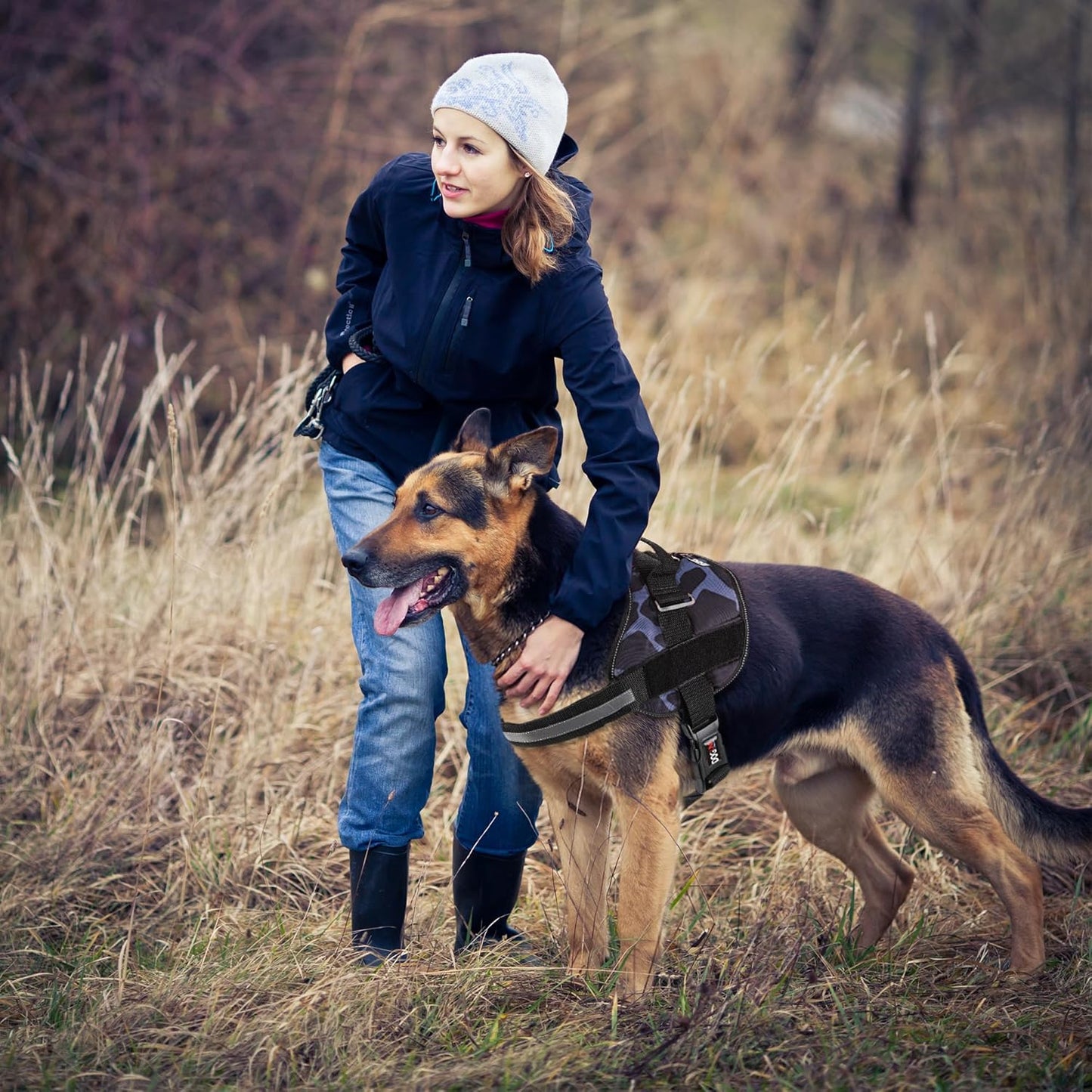 Dogline Dog Harness, Reflective No-Pull Adjustable Vest with Handle for Walking, Training, Breathable, No - Choke Harness for Small, Medium or Large Dogs Room for Patches Girraffe Grey S 18"-24"