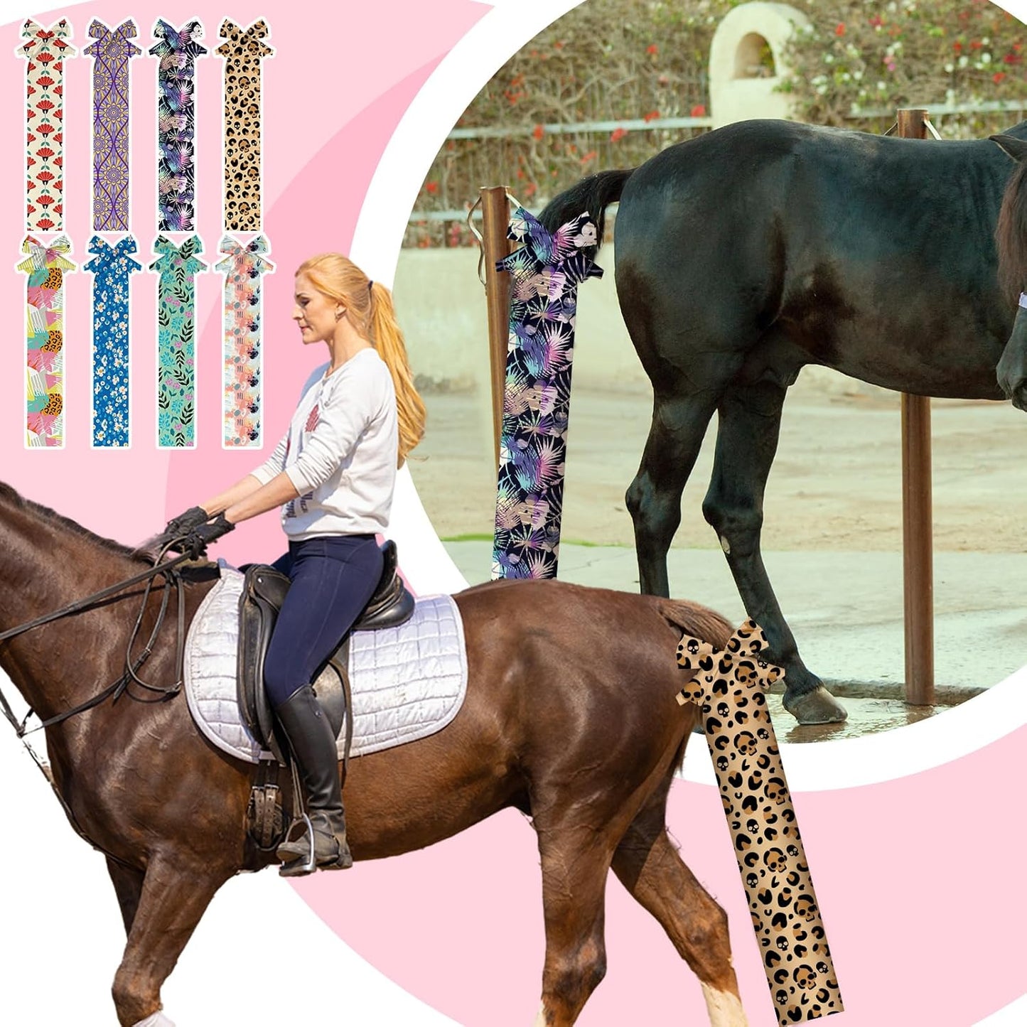 Eccliy 8 Pcs Horse Tail Bag Breathable Guard Stretchy 22" Slip on Horse Tail Wrap 2 Strand Closure Straps Grooming Supplies to Keep from Dirt Breakage Rubbing 8 Designs