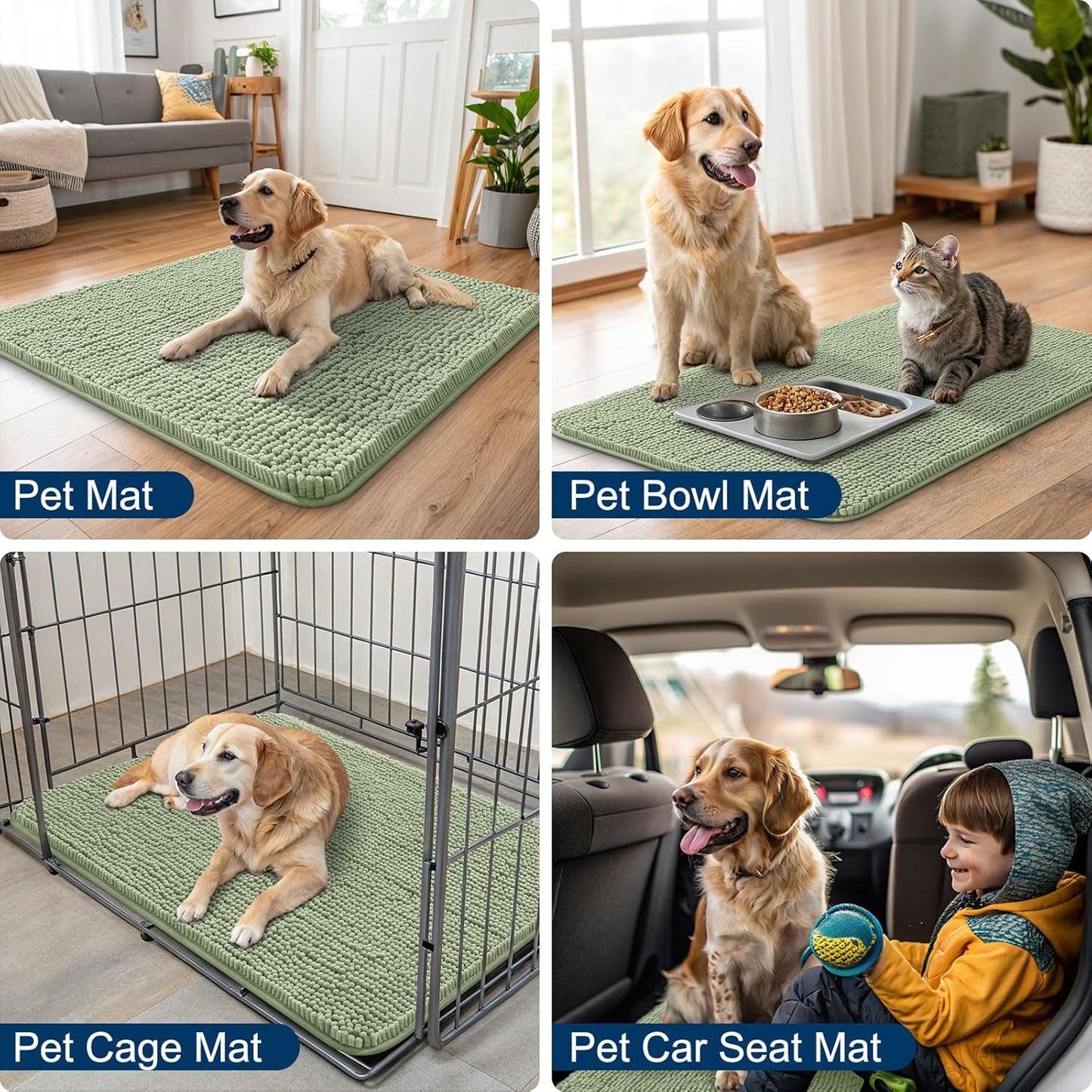 Smiry Dog Door Mat for Muddy Paws 47x24, Absorbs Moisture and Dirt Doormat, Non-Slip Washable Quick Dry Chenille Front Door Mat Indoor Entrance, Entryway Carpet for Inside Floor, Sage Green