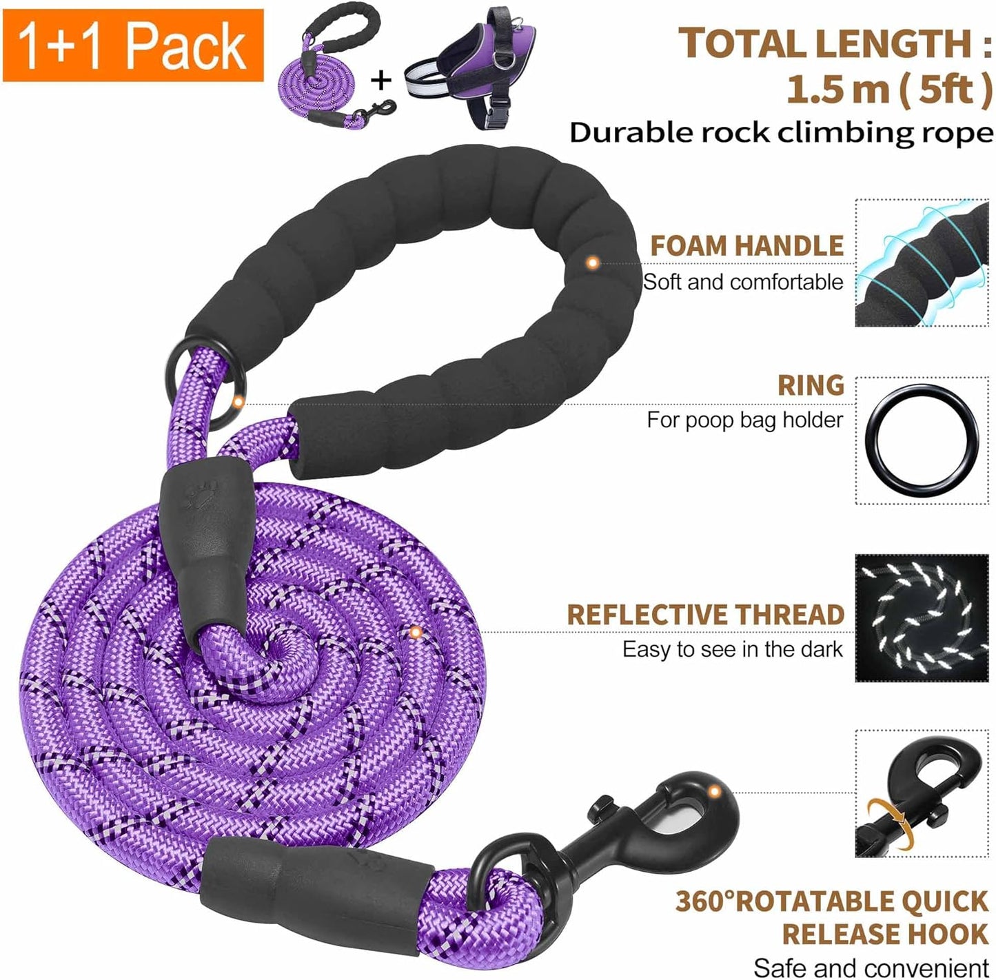 Haapaw Essential Dog Harness, No Pull Pet Vest with 3 Leash Clips, No Choke, Reflective, Adjustable and Padded, for Easy Walking and Training for Small Dogs(S, Purple)