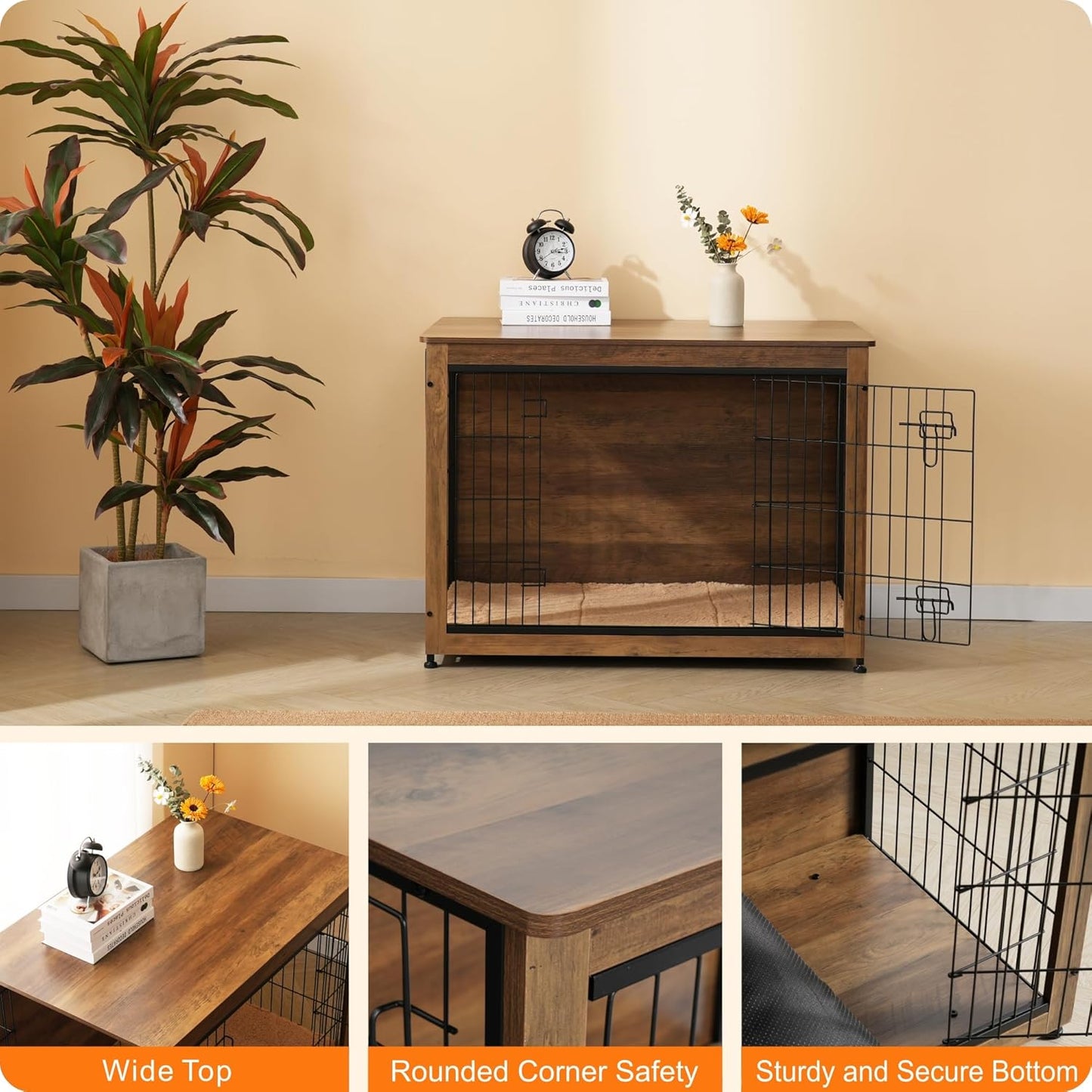 DWANTON Dog Crate Furniture with Cushion, Wooden Kennel Table with Double Doors, Indoor Dog House, Large Size, 38.5" L, Warm Brown