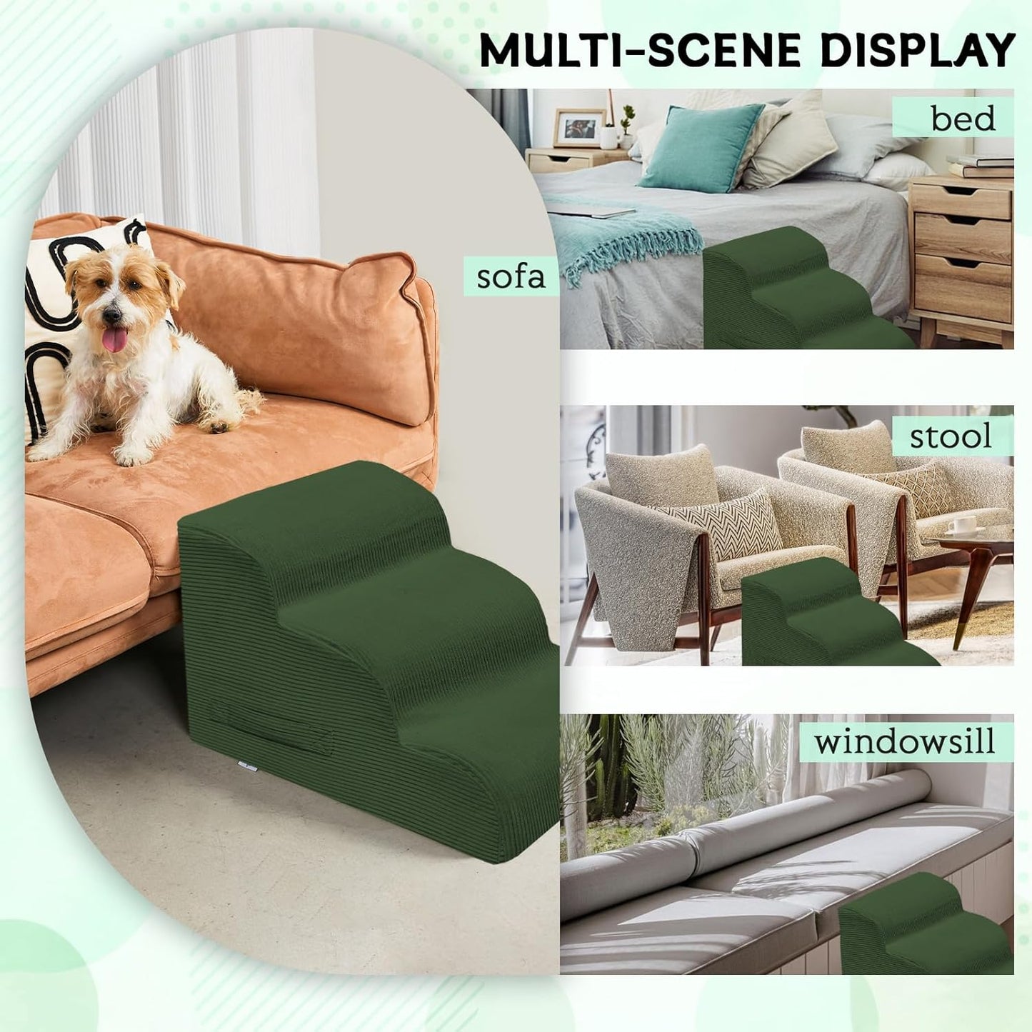 Dog Steps for Small Dogs, 4-Step Pet Ramp Stairs for High Beds and Sofa, Non-Slip Pet Stairs for Small Dogs and Cats, Removable and Easy to Clean Cover, Green