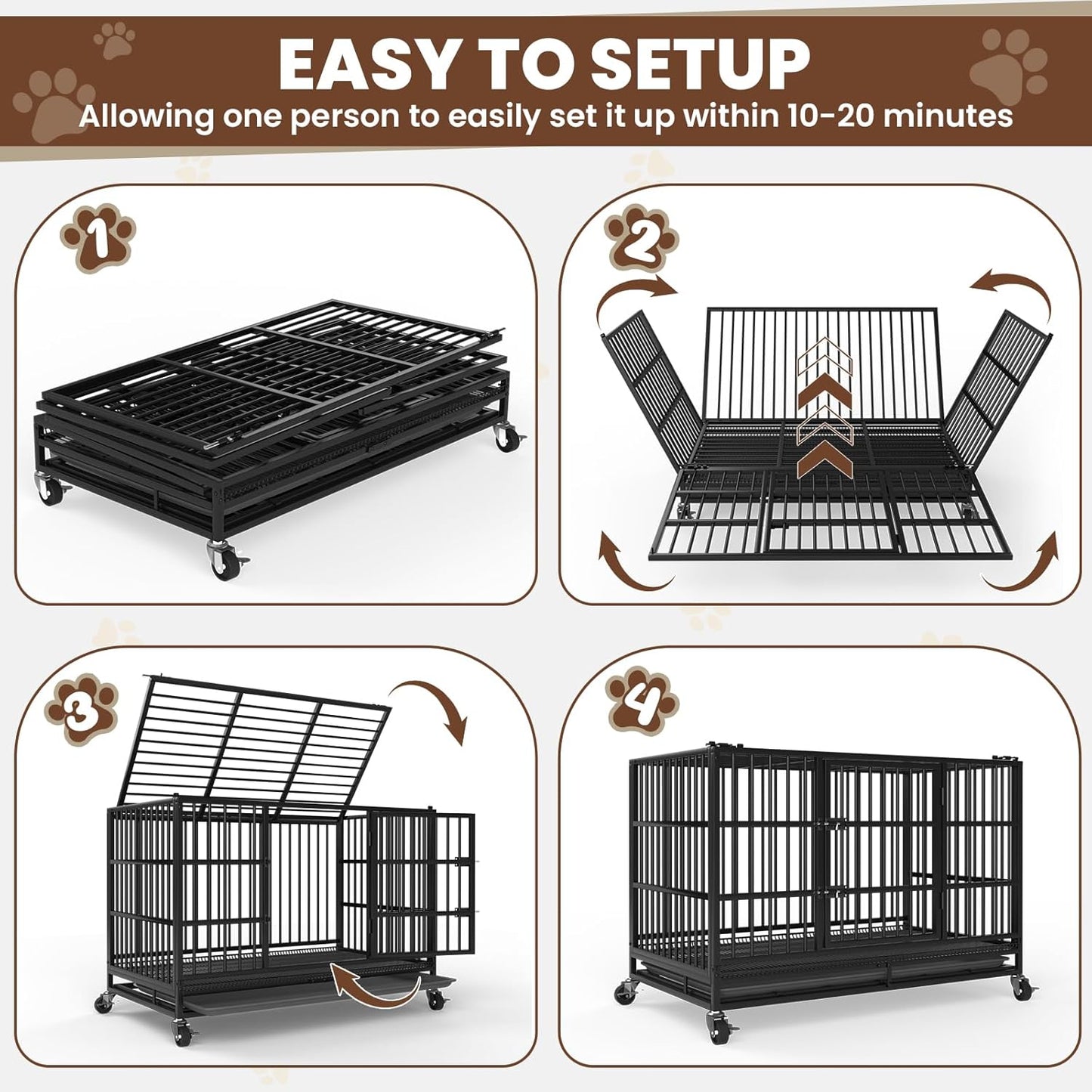 LEVELEVE 54 Inch Heavy Duty Indestructible Dog Crates for Large Dogs,Escape Proof Dog Cage Large Dogs with Lockable Wheels,Dog Kennel Furniture Indoor&Outside