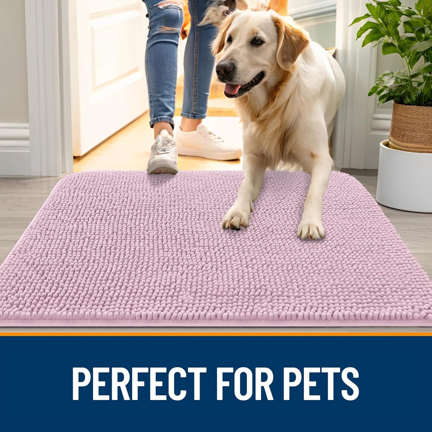 OLANLY Dog Door Mat for Muddy Paws 30x17, Absorbs Moisture and Dirt, Absorbent Non-Slip Washable Doormat, Quick Dry Chenille Mud Mat for Dogs, Entry Indoor Entryway Carpet for Inside Floor, Dusty Rose