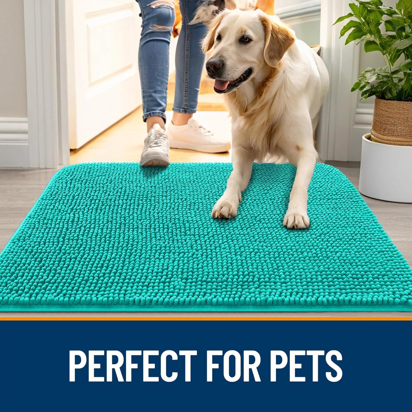 OLANLY Dog Door Mat for Muddy Paws 40x32, Absorbs Moisture and Dirt, Absorbent Non-Slip Washable Doormat, Quick Dry Chenille Mud Mat for Dogs, Entry Indoor Entryway Carpet for Inside Floor, Teal