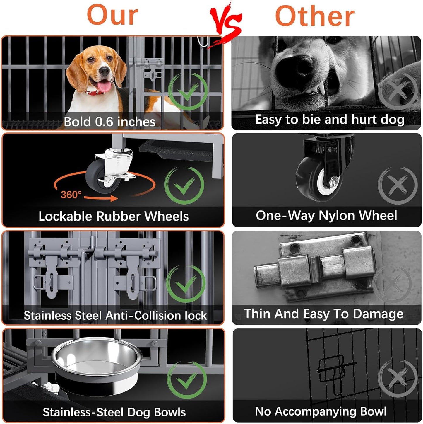 aboxoo 42/48 inch Heavy Duty Metal Dog Crate for 2 Dogs/Large Dog,All Metal Open Top,Dog Kennel Indoor with Wheels,Floor Grid, Tray, Divider and Feeding Bowl (Sliver)