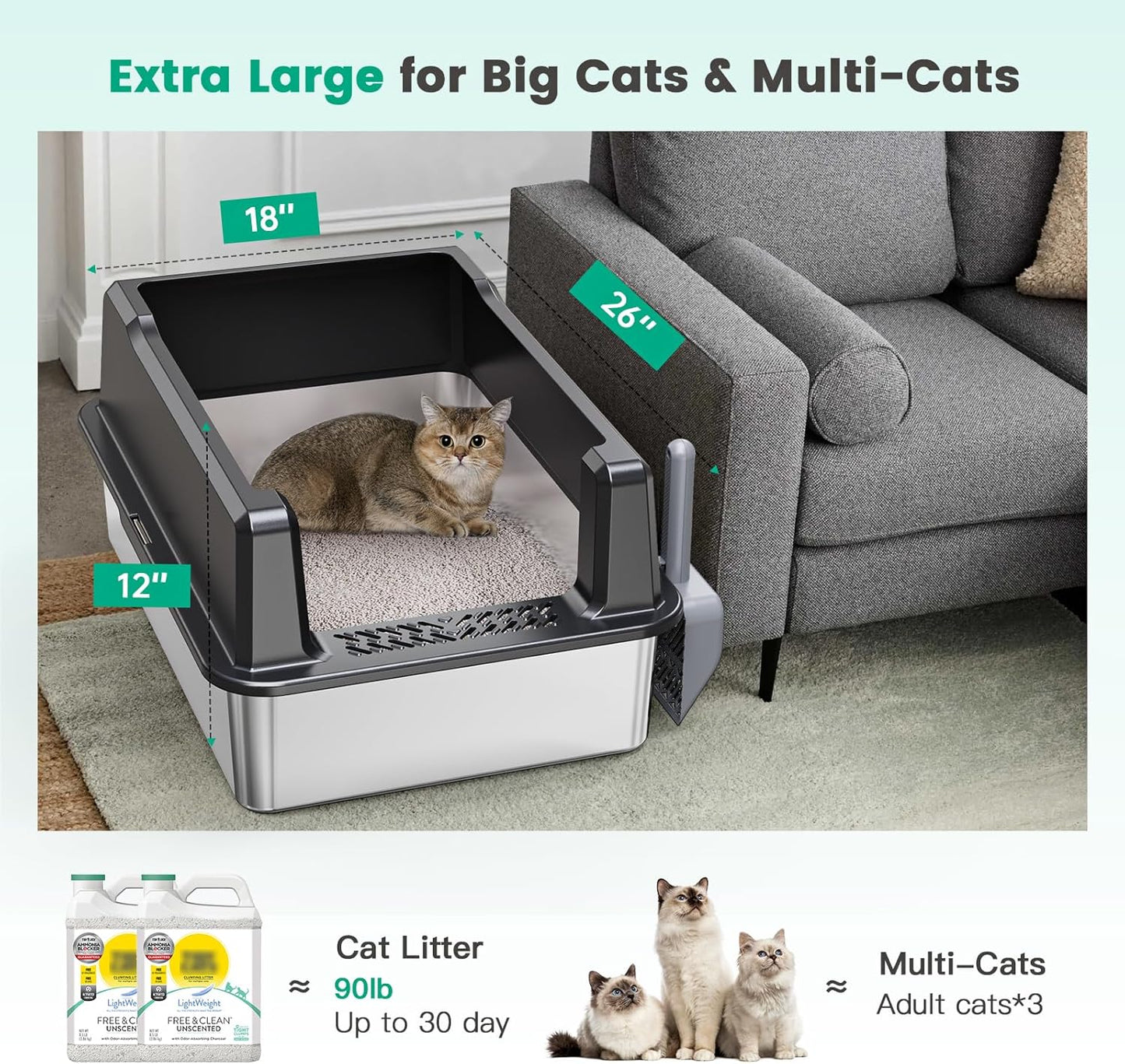 Tripamin XXL Stainless Steel Litter Box with High Sides 26"x18"x12" Extra Large Metal Litter Box for Big Cats & Multiple cat, Jumbo Top Entry Litter Pan with lid (Black, XX-Large)