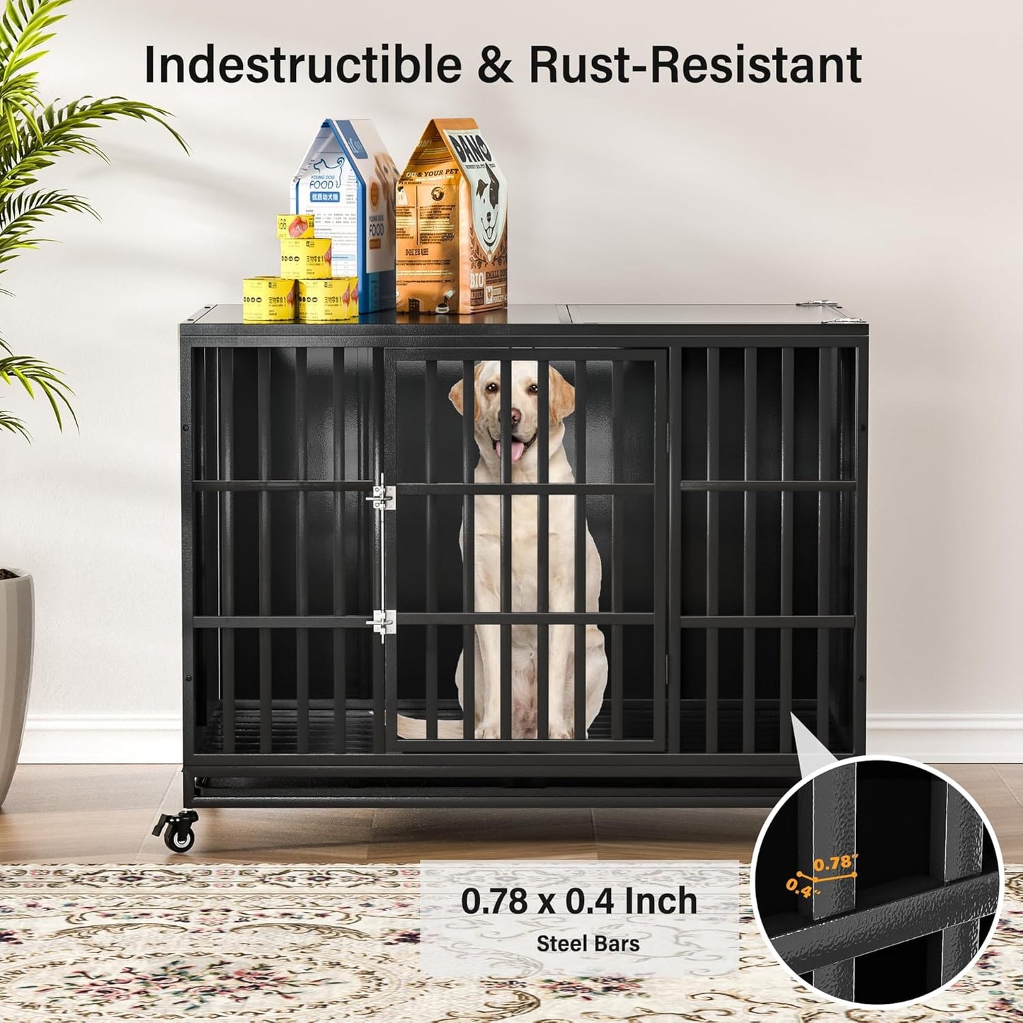 48 inch Heavy Duty Dog Crate with Self-Locking Latch, Indestructible Large Steel Kennel with Enclosed Design, Escape-Proof and Chew-Proof Pet Cage for High Anxiety Dogs