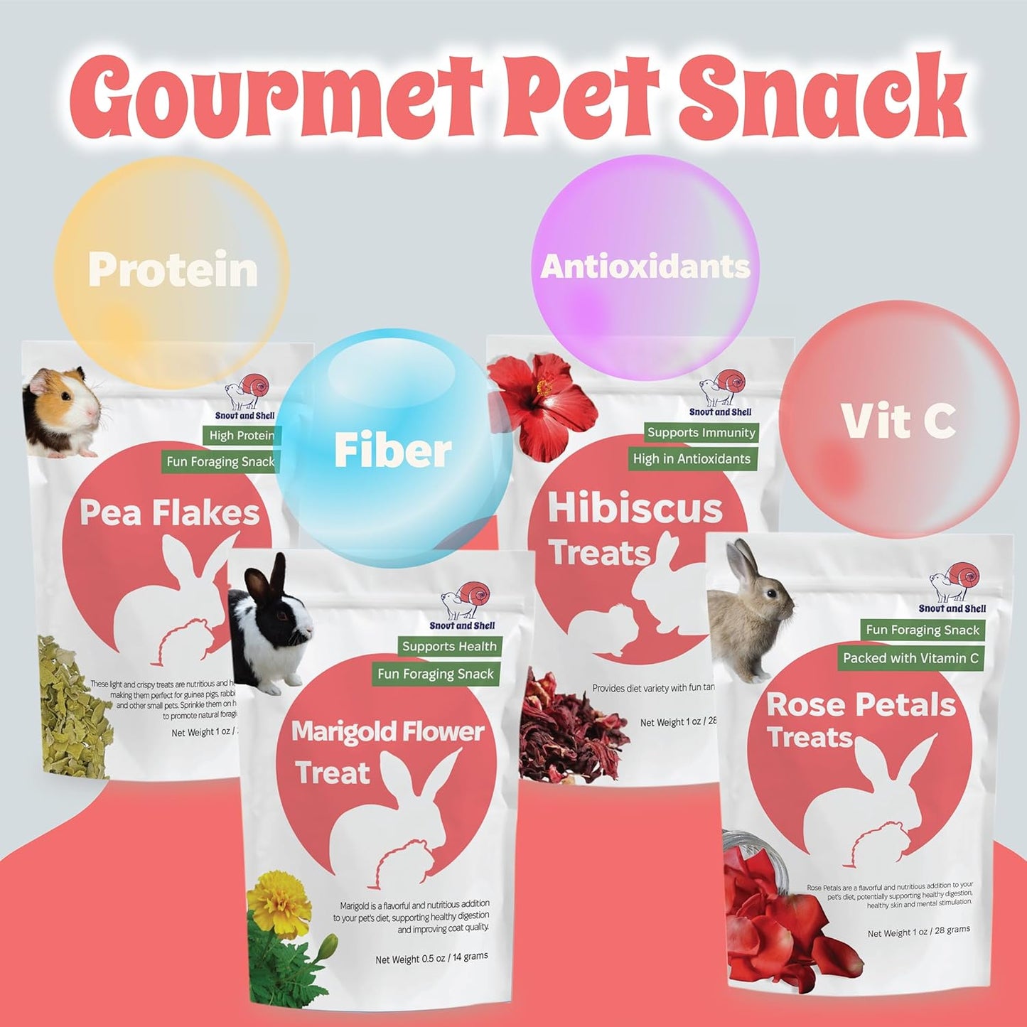 Snout and Shell Floral Favorites 4-in-1 Natural Treats for Small Pets – Pea Flakes, Marigold, Rose Petals & Hibiscus – Healthy Snacks for Rabbits, Guinea Pigs, Chinchillas & More