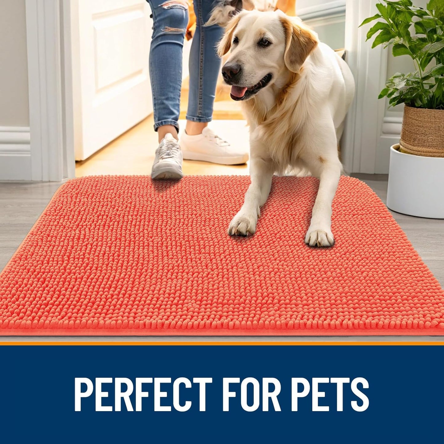 OLANLY Dog Door Mat for Muddy Paws 70x24, Absorbs Moisture and Dirt, Absorbent Non-Slip Washable Doormat, Quick Dry Chenille Mud Mat for Dogs, Entry Indoor Entryway Carpet for Inside Floor, Coral