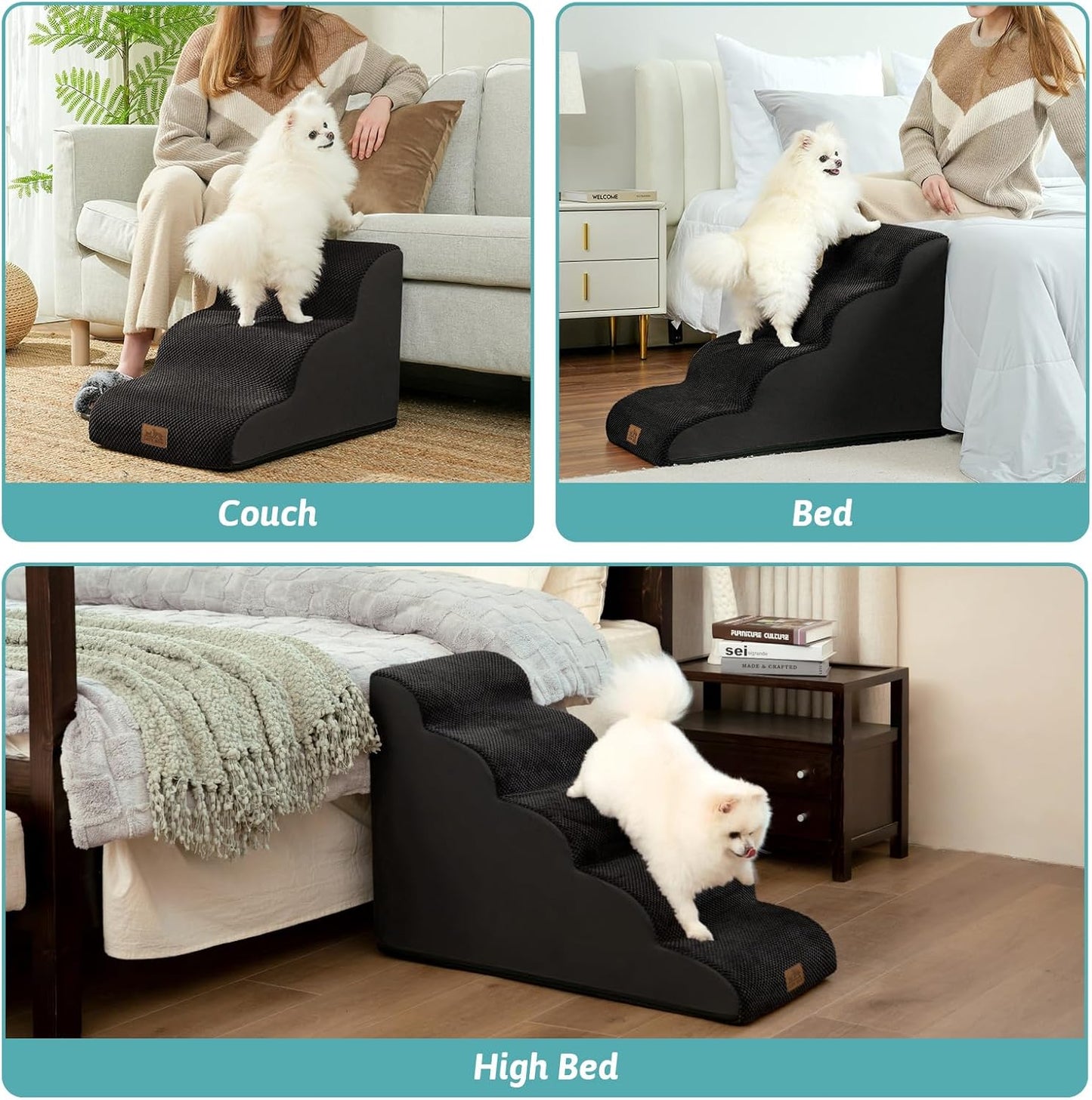 Dog Stairs for High Bed 22.6" H, Small Dog Step for Puppy, Older or Cat, Curved Ramp for Car, Ladder with High Density Foam, Lightweight, Durable, 15.7x33x22.6 inch, 5 Step, Black