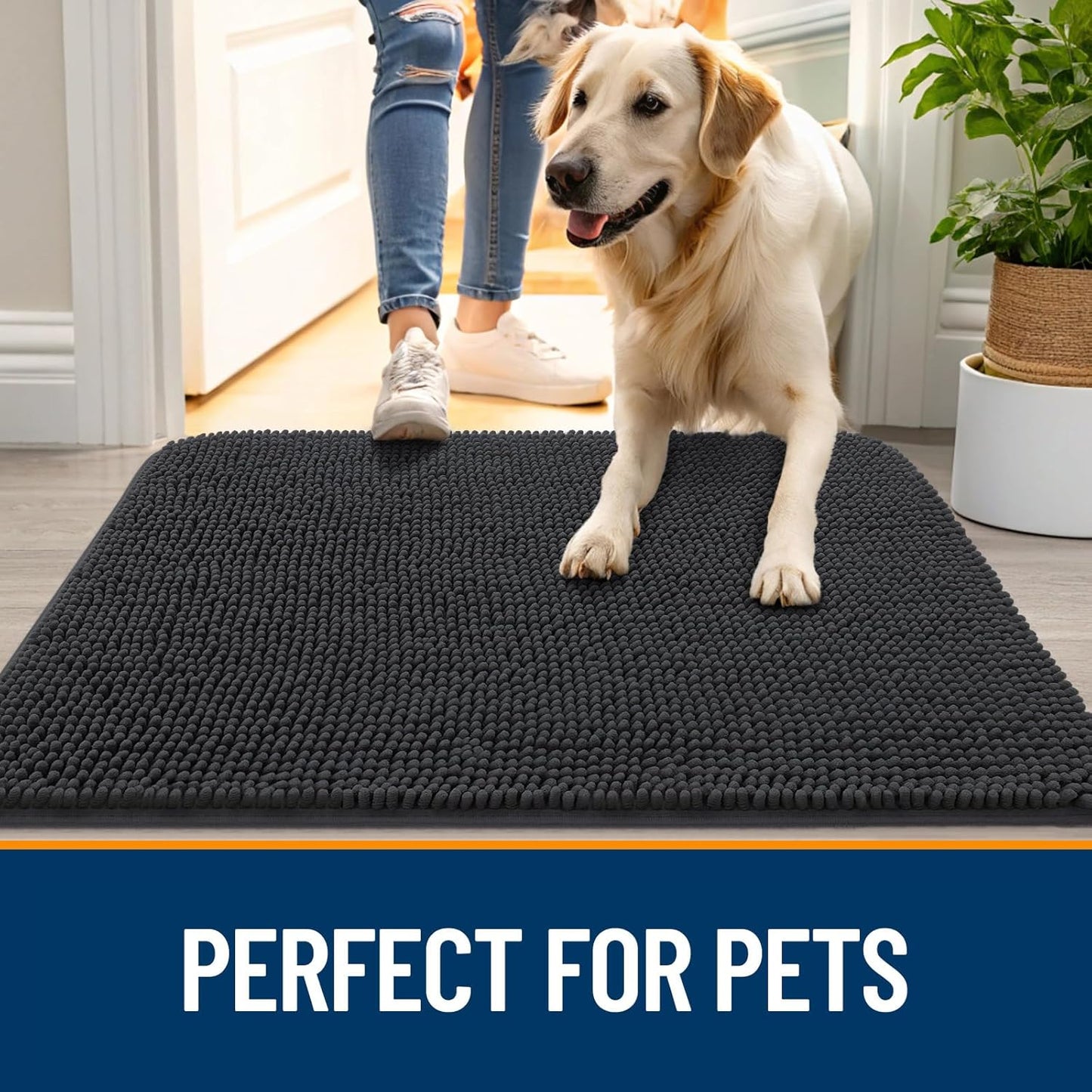 OLANLY Dog Door Mat for Muddy Paws 40x32, Absorbs Moisture and Dirt, Absorbent Non-Slip Washable Doormat, Quick Dry Chenille Mud Mat for Dogs, Entry Indoor Entryway Carpet for Inside Floor, Dark Grey