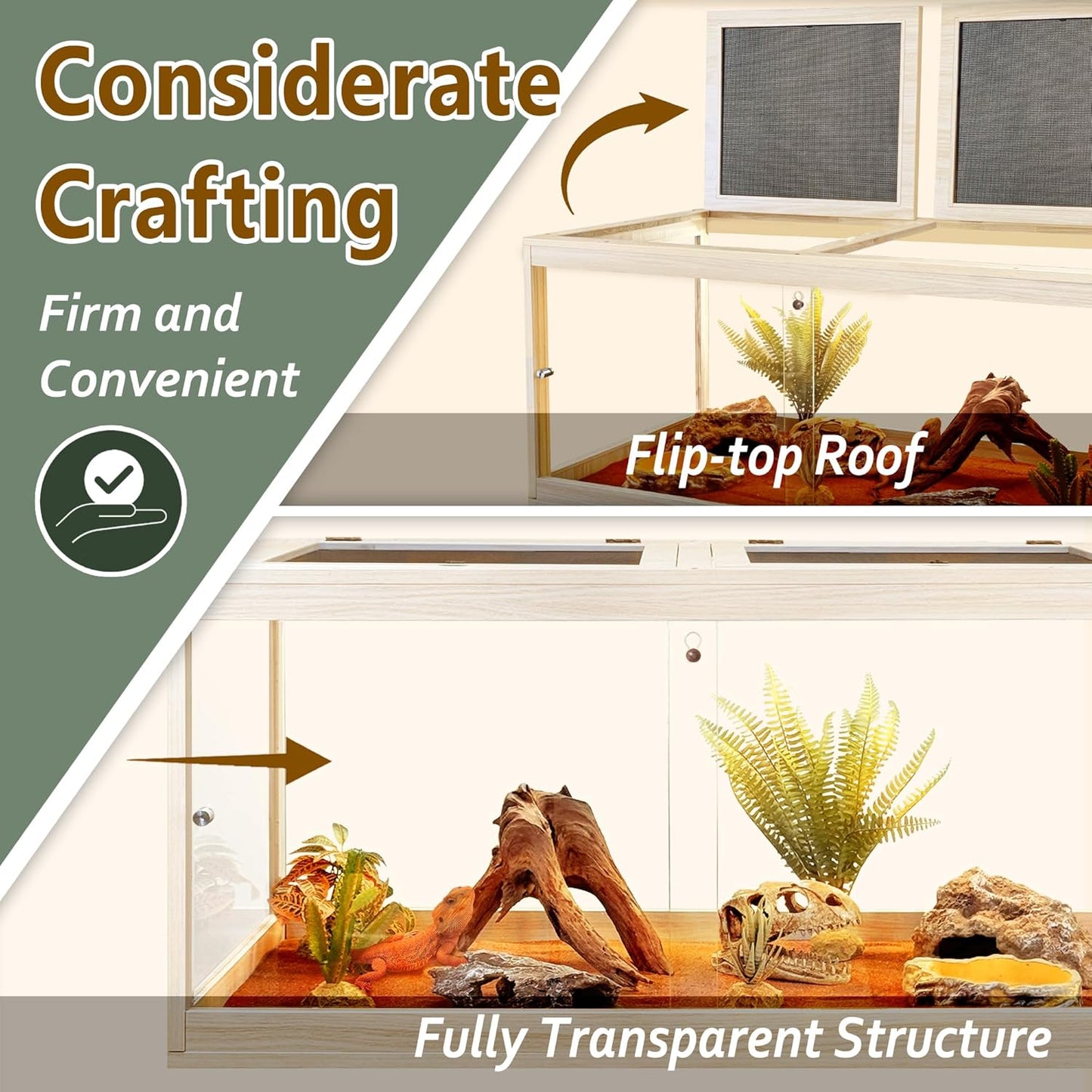 PROLEE Tempered Glass Bearded Dragon Tank,32 Gallon Reptile Tank with Meatl Mesh Roof and Front Sliding Door, Anti-Scratch Lizard Tank,Spacious Reptile Enclosure for Snakes,Lguanas, Chameleons (Oak)