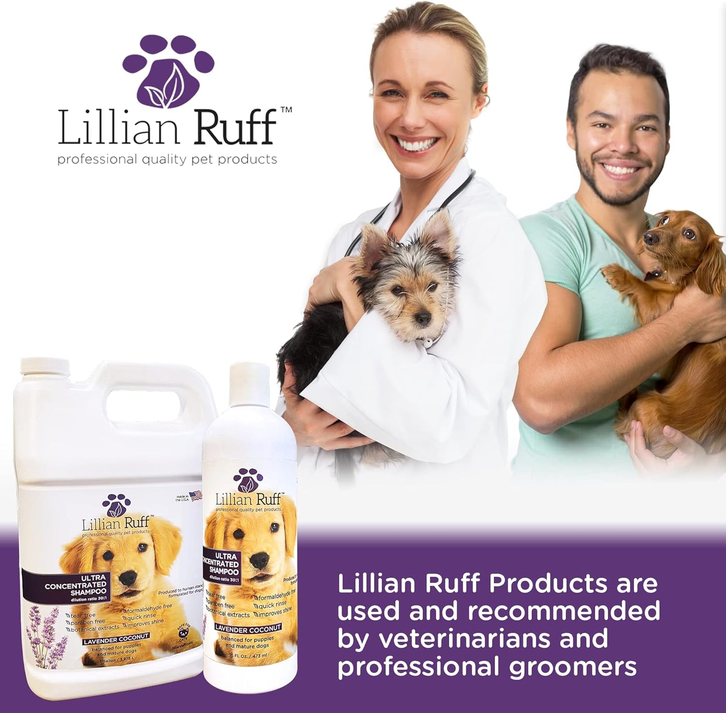 Lillian Ruff High Concentrate Professional Grooming Shampoo for Dogs with Hydrating Essential Oils – 30:1 Concentration for Bathing System - Clean, Condition, & Deodorize Dry, Sensitive Skin W/Brush