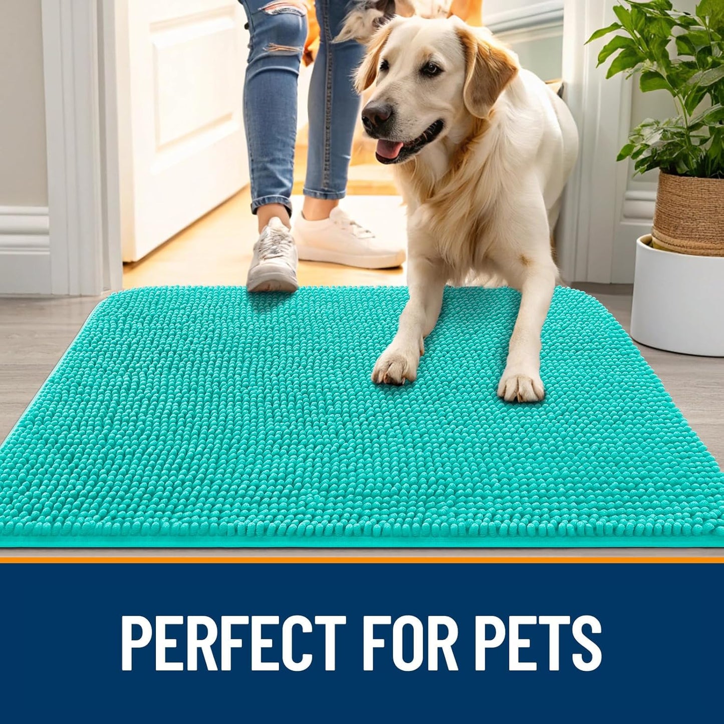 OLANLY Dog Door Mat for Muddy Paws 47x17, Absorbs Moisture and Dirt, Absorbent Non-Slip Washable Doormat, Quick Dry Chenille Mud Mat for Dogs, Entry Indoor Entryway Carpet for Inside Floor, Teal