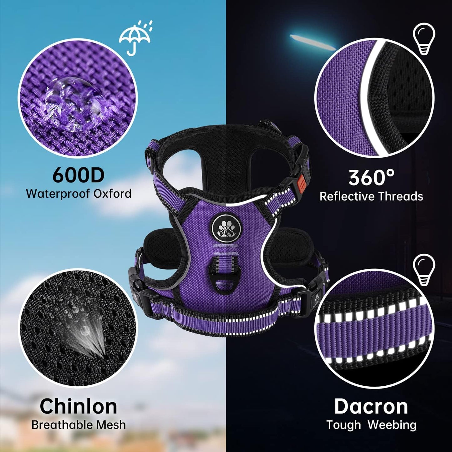 NESTROAD No Pull Dog Harness,Adjustable Oxford Dog Vest Harness with Leash,Reflective No-Choke Pet Harness with Easy Control Soft Handle for Large Dogs(Large,Purple)