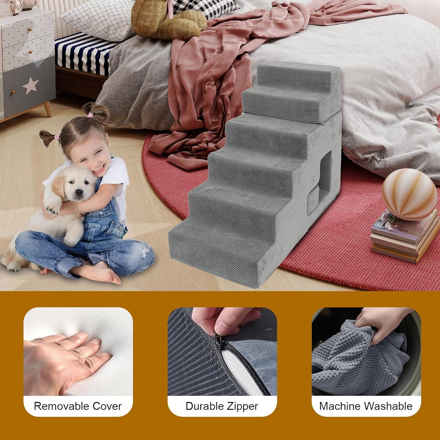 Dog Stairs for Small Dogs 27”H, 6-Step Dog Steps for High Bed, High-Density Foam Pet Stairs with Non-Slip Removable Washable Cover to Get on Bed(Grey)