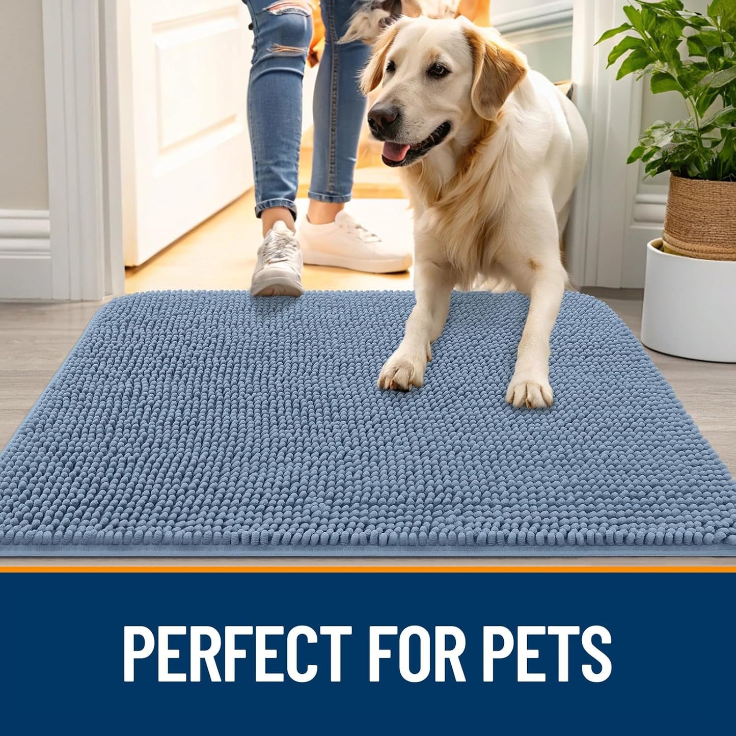 OLANLY Dog Door Mat for Muddy Paws 44x24, Absorbs Moisture and Dirt, Absorbent Non-Slip Washable Doormat, Quick Dry Chenille Mud Mat for Dogs, Entry Indoor Entryway Carpet for Inside Floor, Airy Blue