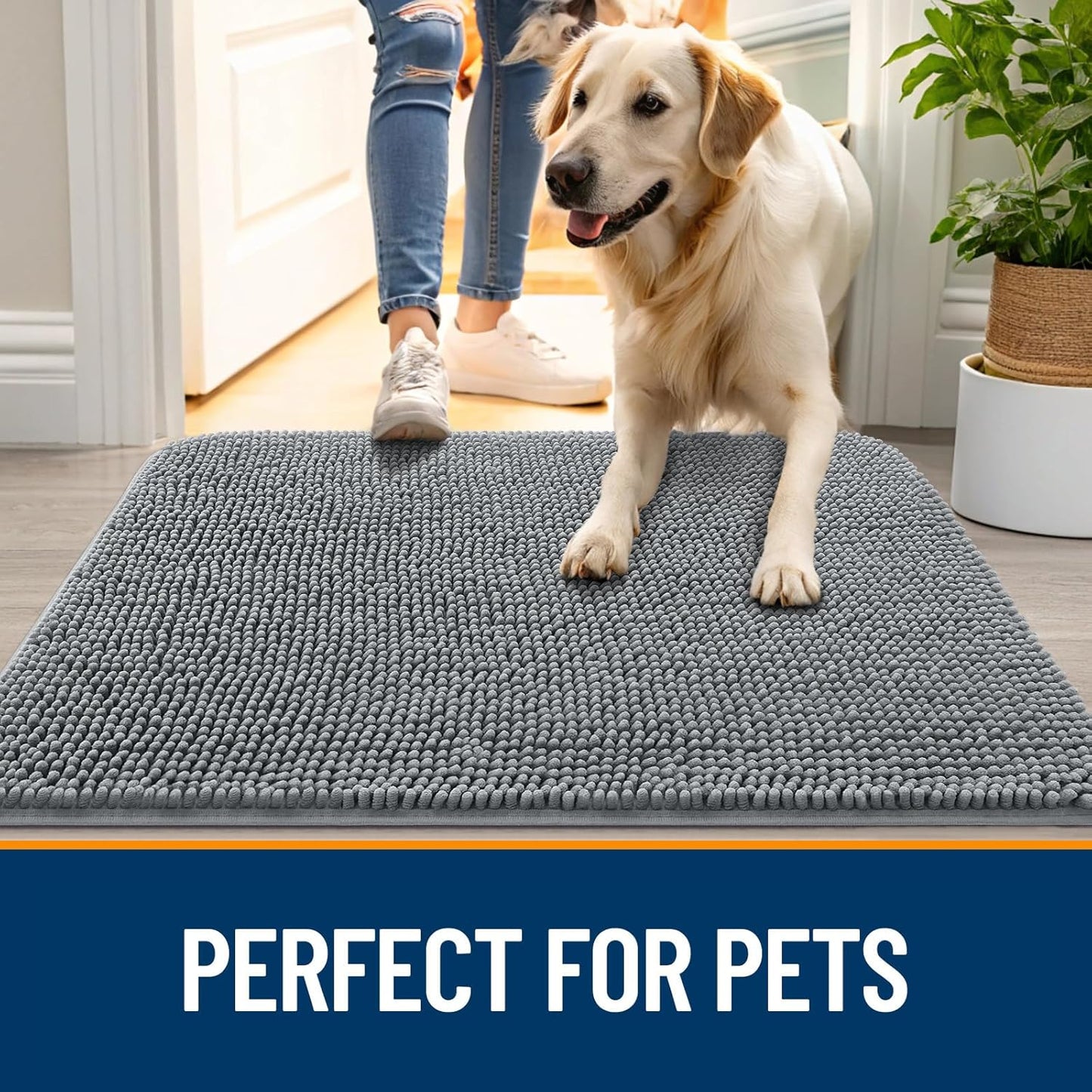 OLANLY Dog Door Mat for Muddy Paws 47x17, Absorbs Moisture and Dirt, Absorbent Non-Slip Washable Doormat, Quick Dry Chenille Mud Mat for Dogs, Entry Indoor Entryway Carpet for Inside Floor, Grey
