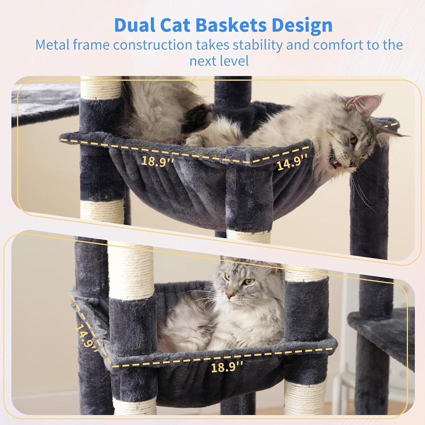 Heybly Heavy Duty Cat Tree, 71-Inch Tall Tower for Large Maine Coon with Extra-Large Baseboard, Cat Condo Furniture with Multi-Level Platforms, 2 Hammocks and 12 Scratching Posts, Smoky Gray HCT037G