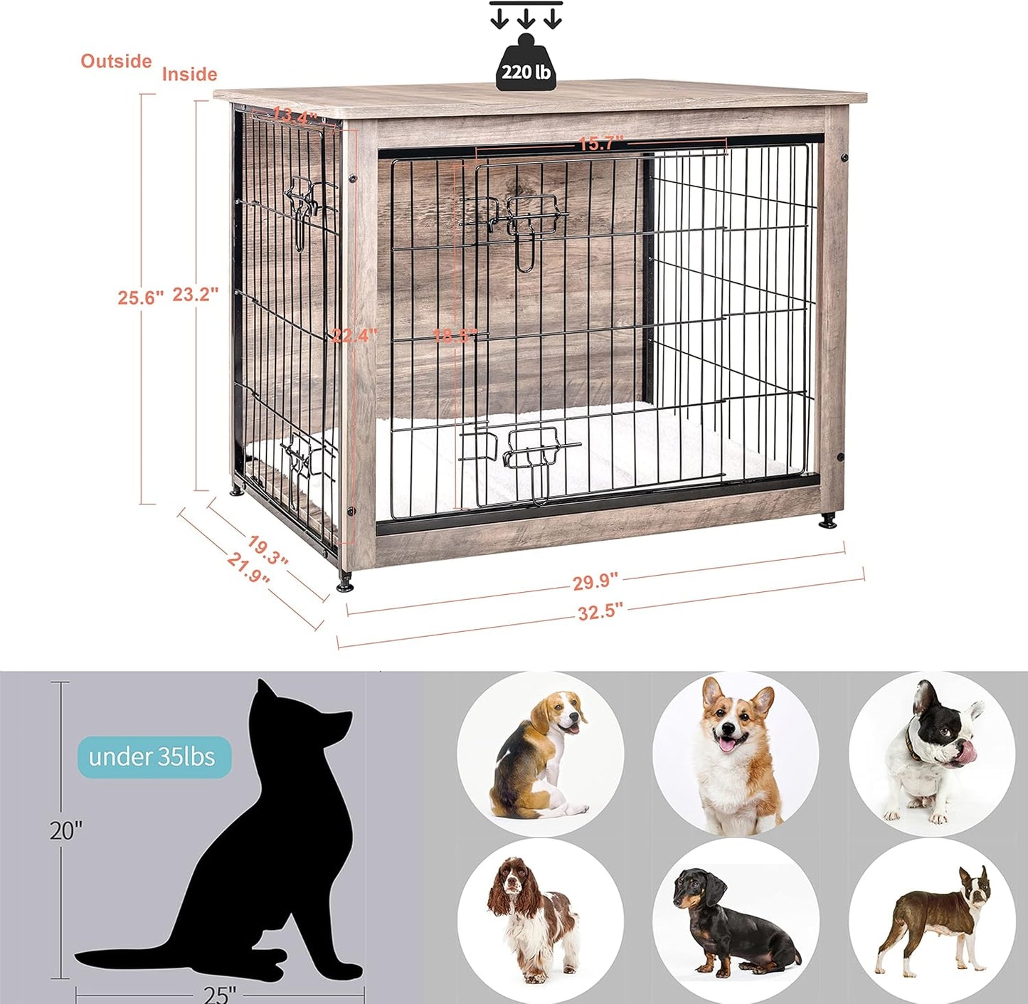 DWANTON Dog Crate Furniture with Cushion, Wooden Kennel Table with Double Doors, Indoor Dog House, Medium Size, 32.5" L, Greige