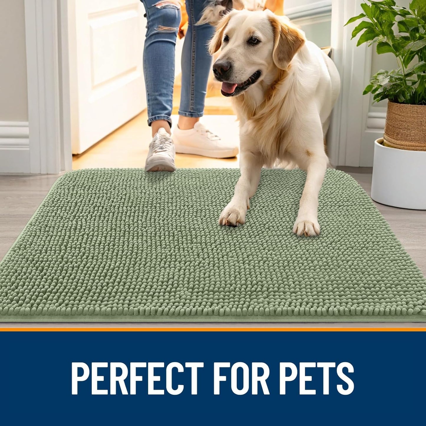 OLANLY Dog Door Mat for Muddy Paws 70x46, Absorbs Moisture and Dirt, Absorbent Non-Slip Washable Doormat, Quick Dry Chenille Mud Mat for Dogs, Entry Indoor Entryway Carpet for Inside Floor, Sage Green