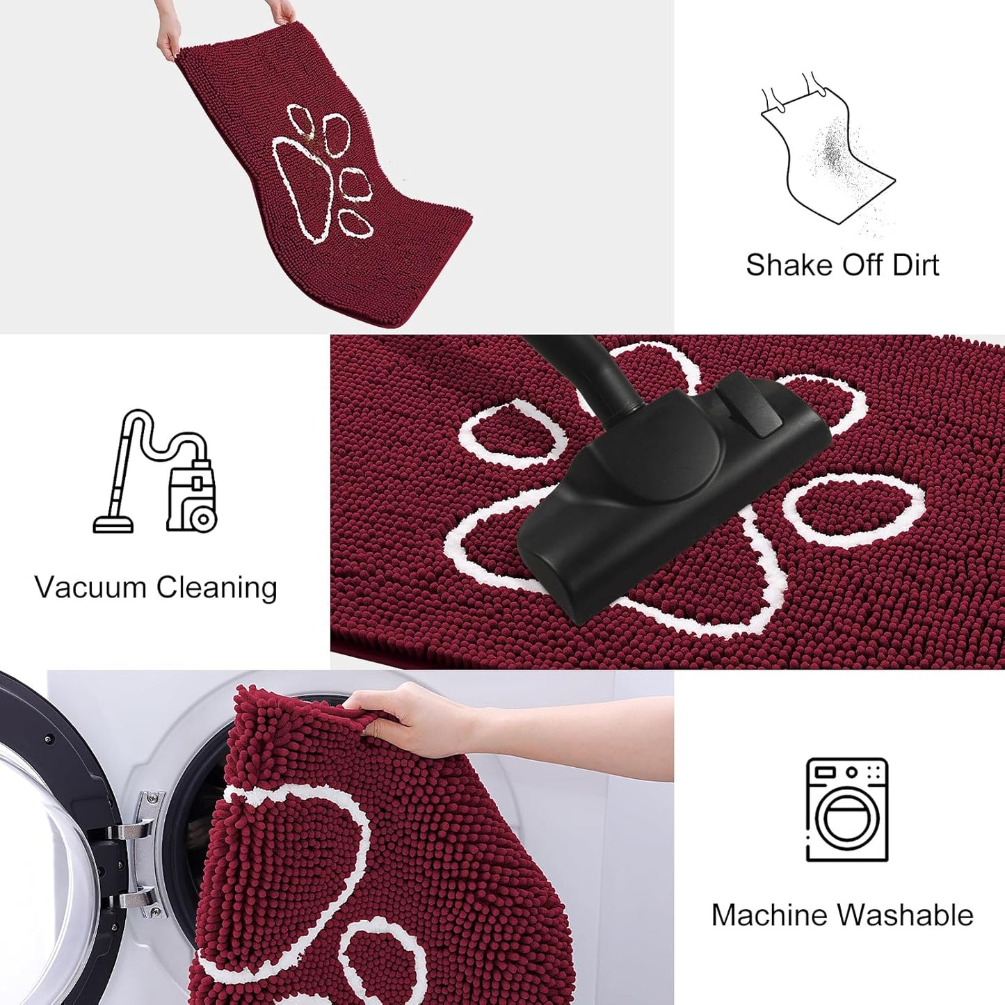 Smiry Dog Door Mat for Muddy Paws, Absorbent Dirt Trapper Non Slip Quick Dry Washable Chenille Mat for Mud Dogs, Entry Rug for Indoor and Outdoor (70x24 Inches, Burgundy)