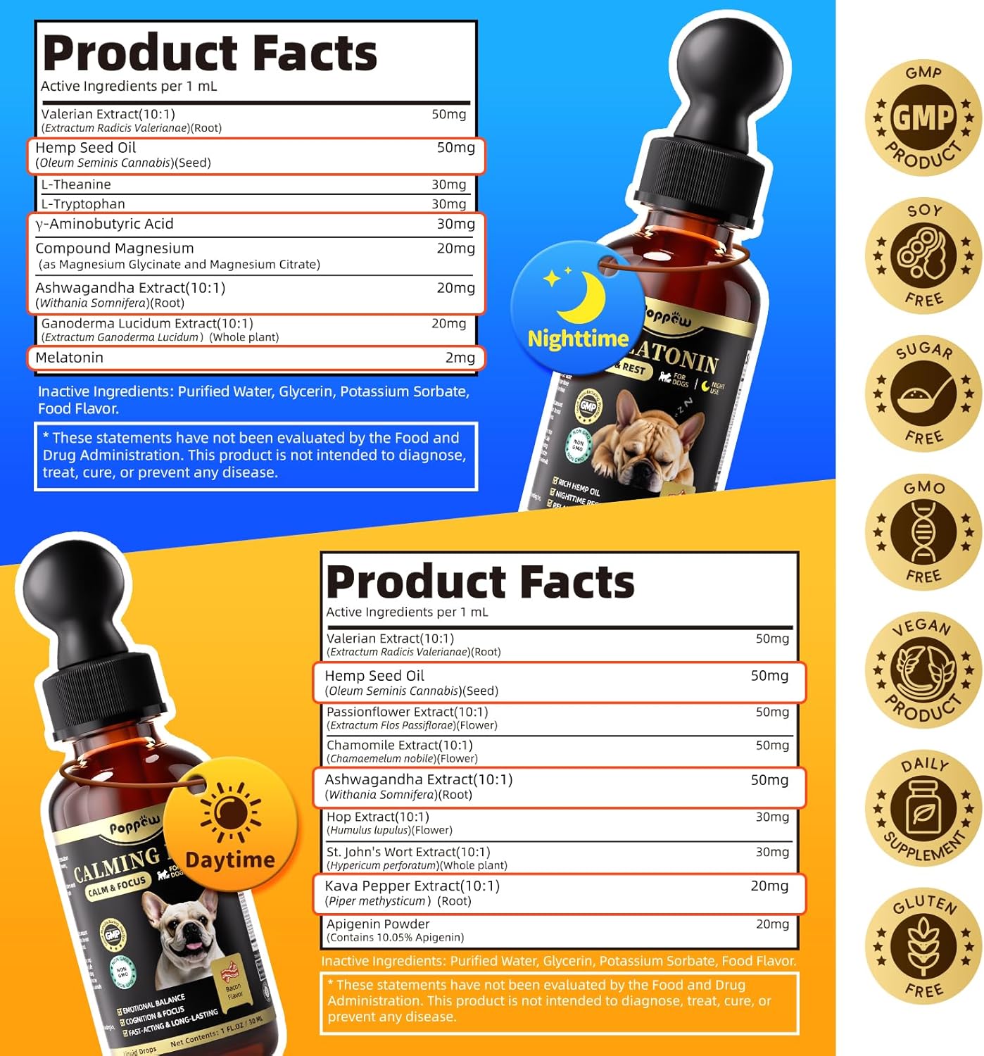 Hemp & Melatonin Calming Drops for Dogs – Day & Night Calming Treat for Anxiety Relief, Stress, Aggression, Separation, Relaxation & Sleep Aid, Bacon Flavor, 2 FL Oz