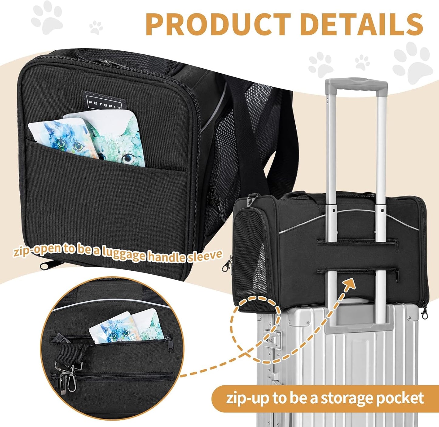 Petsfit Airline Approved Pet Carrier for Small Dogs & Cats, 19x9x12 TSA Approved Carrier, with Removable Dual-Sided Padding (2-Way Placement) - Fits Under Most Airplane Seats, Escape Proof (Black)